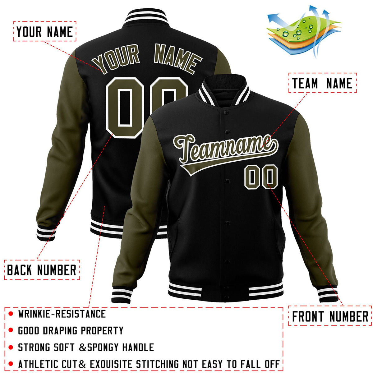 Custom Black White-Black Raglan Sleeves Varsity Full-Snap Letterman Jacket | KXKSHOP
