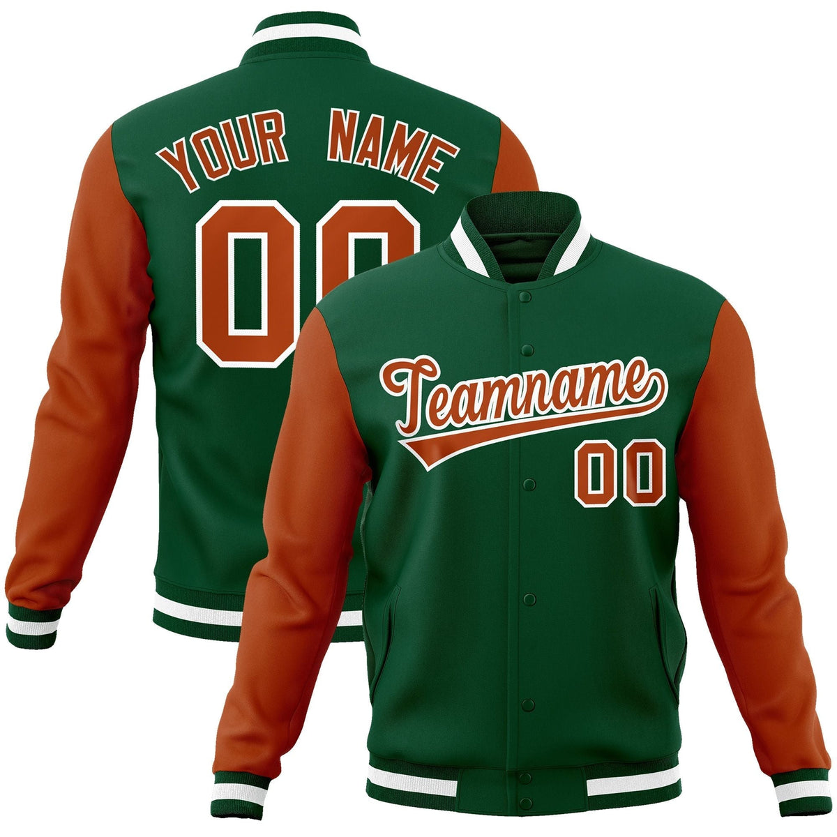 Custom Green Texas Orange-White Raglan Sleeves Varsity Full-Snap Letterman Jacket | KXKSHOP