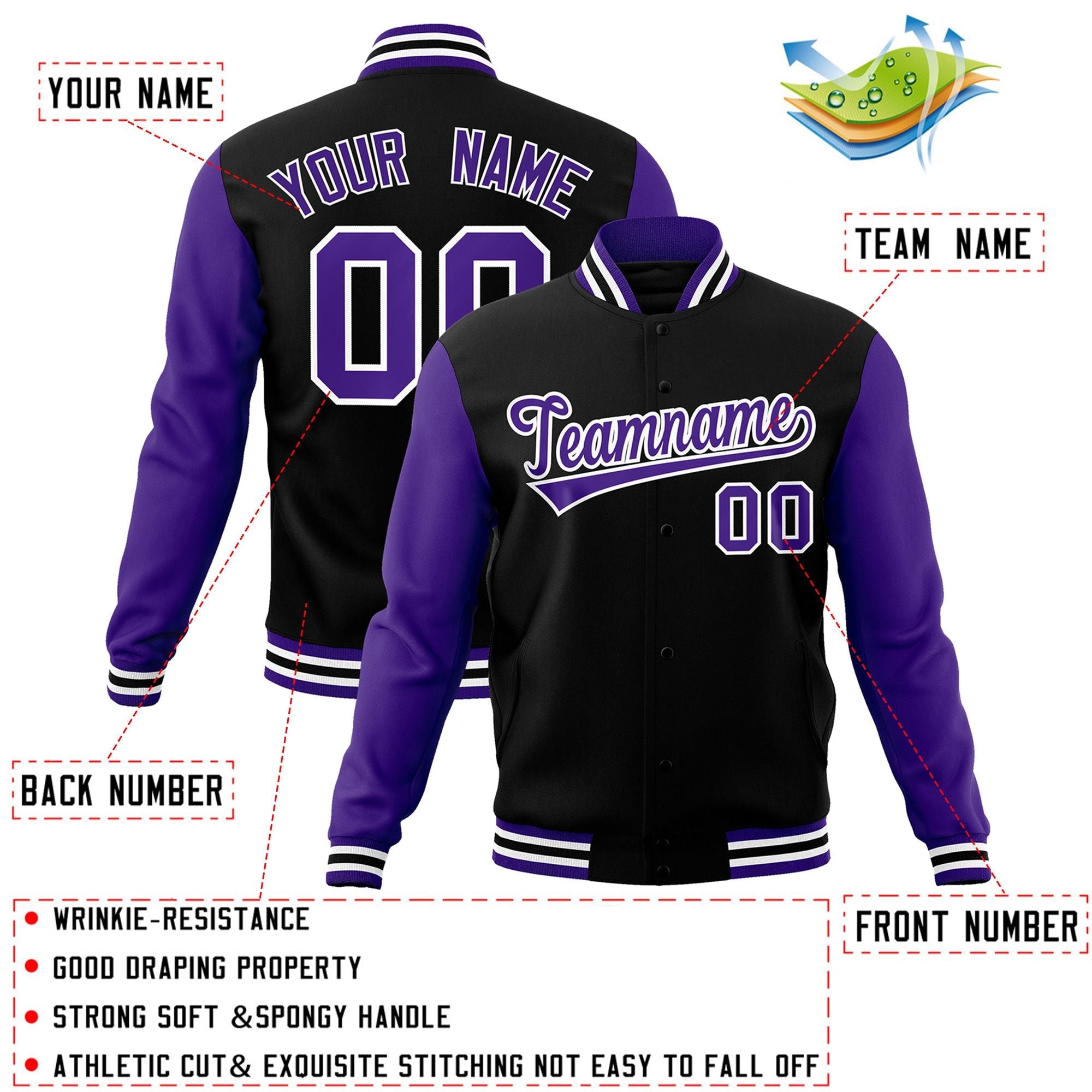 Custom Black White-Black Raglan Sleeves Varsity Full-Snap Letterman Jacket | KXKSHOP