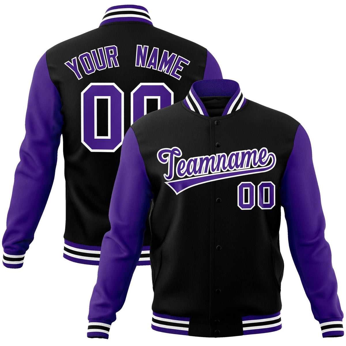 Custom Black Purple-White Raglan Sleeves Varsity Full-Snap Letterman Jacket | KXKSHOP
