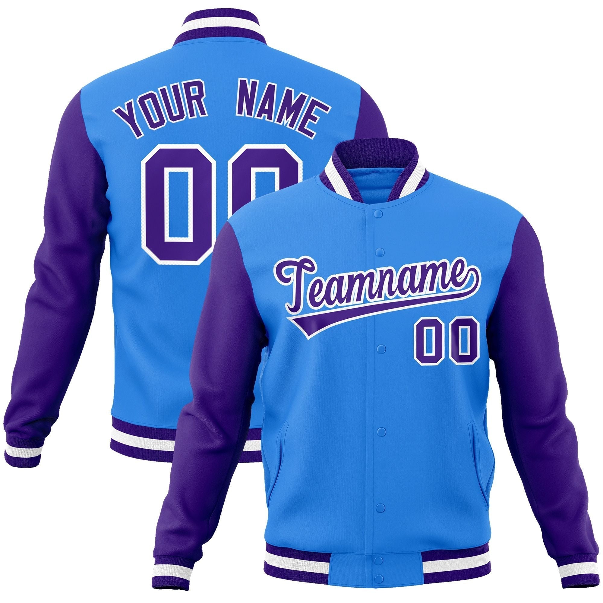 Custom Powder Blue Purple-White Raglan Sleeves Varsity Full-Snap Letterman Jacket | KXKSHOP