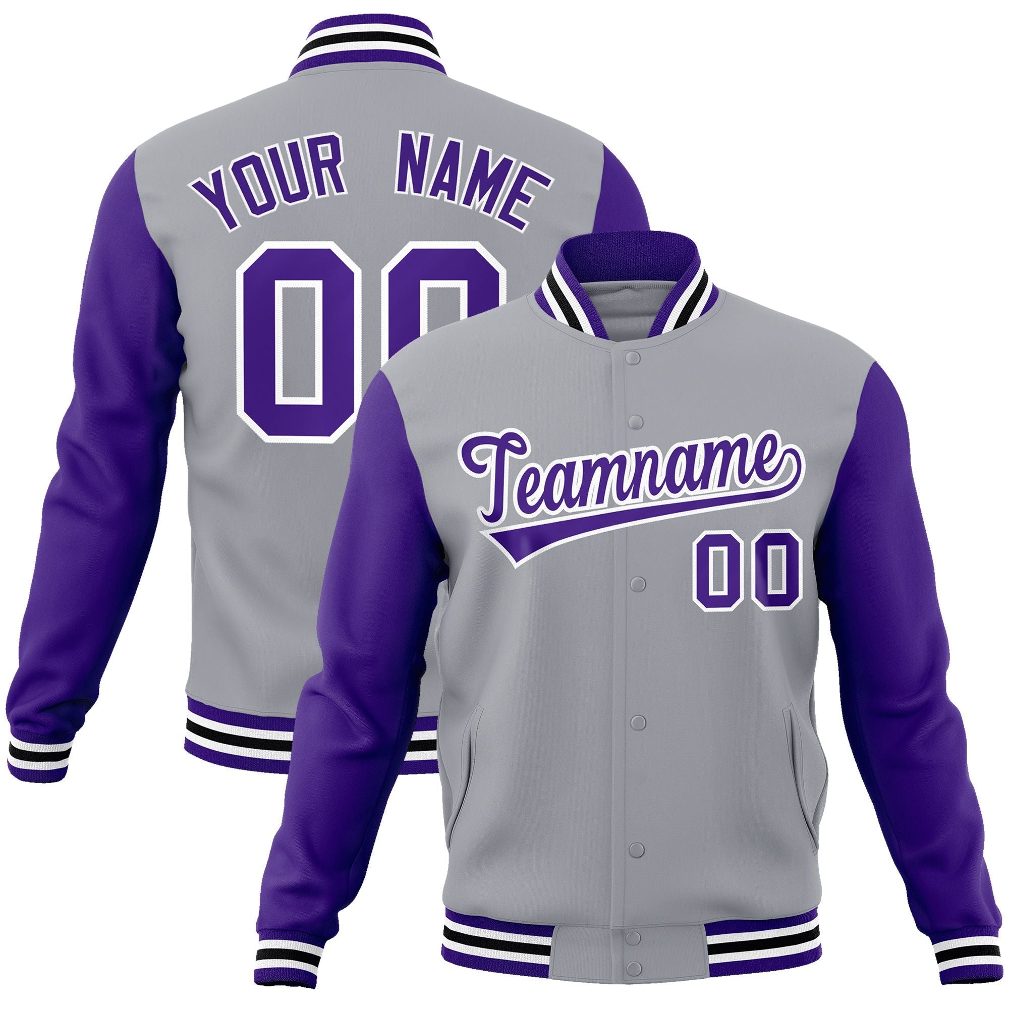 Custom Gray Purple-White Raglan Sleeves Varsity Full-Snap Letterman Jacket | KXKSHOP