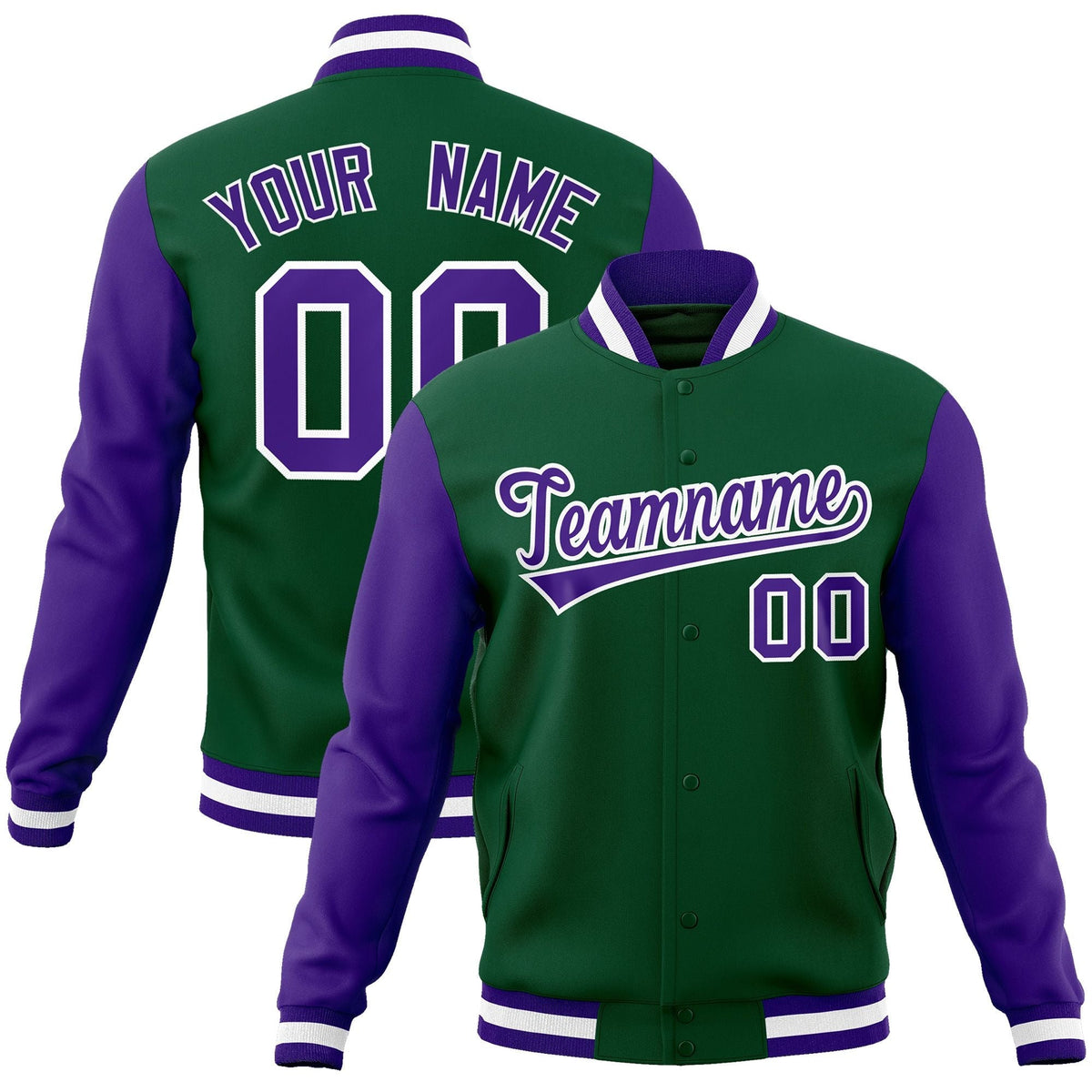 Custom Green Purple-White Raglan Sleeves Varsity Full-Snap Letterman Jacket | KXKSHOP