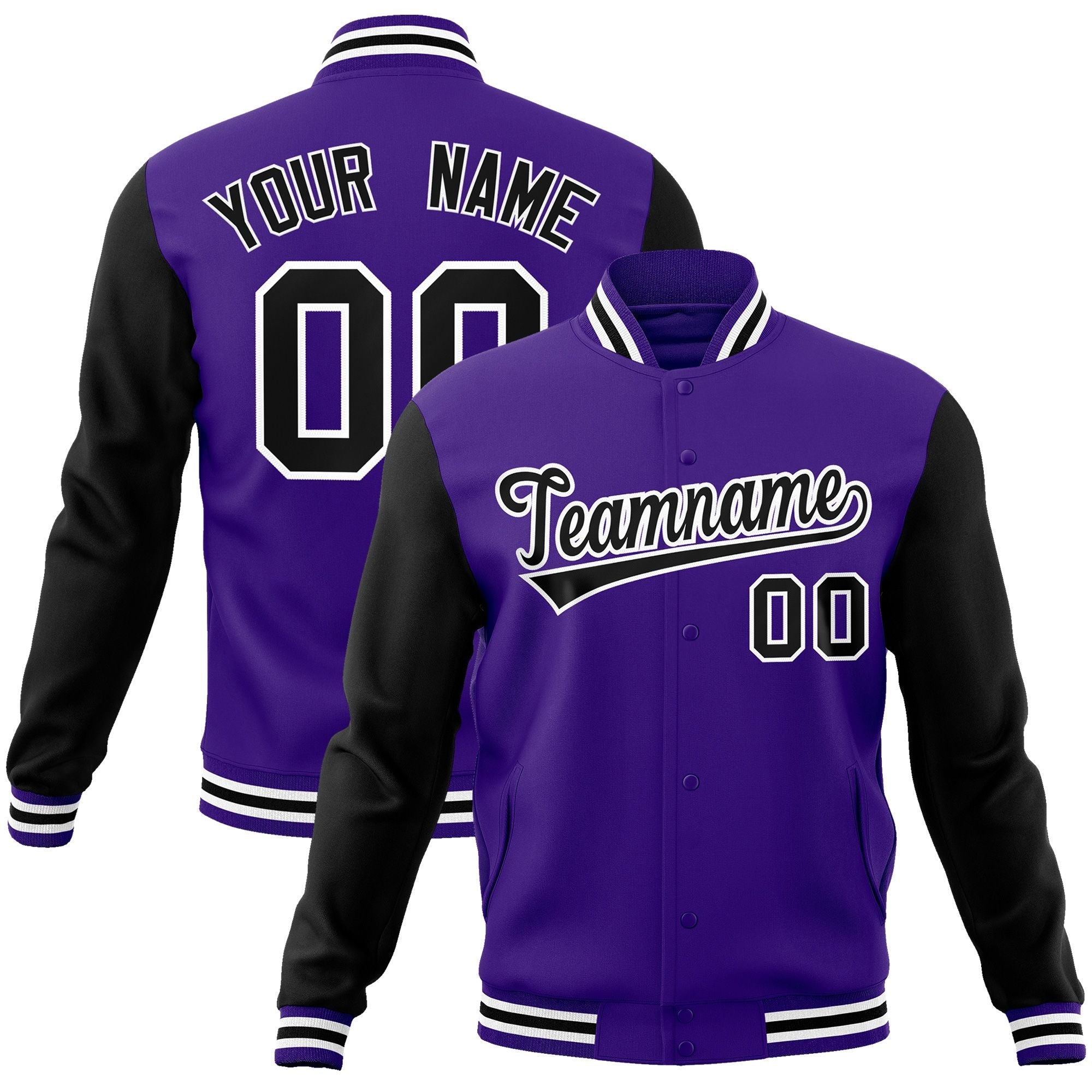 Custom Purple Black-White Raglan Sleeves Varsity Full-Snap Letterman Jacket | KXKSHOP