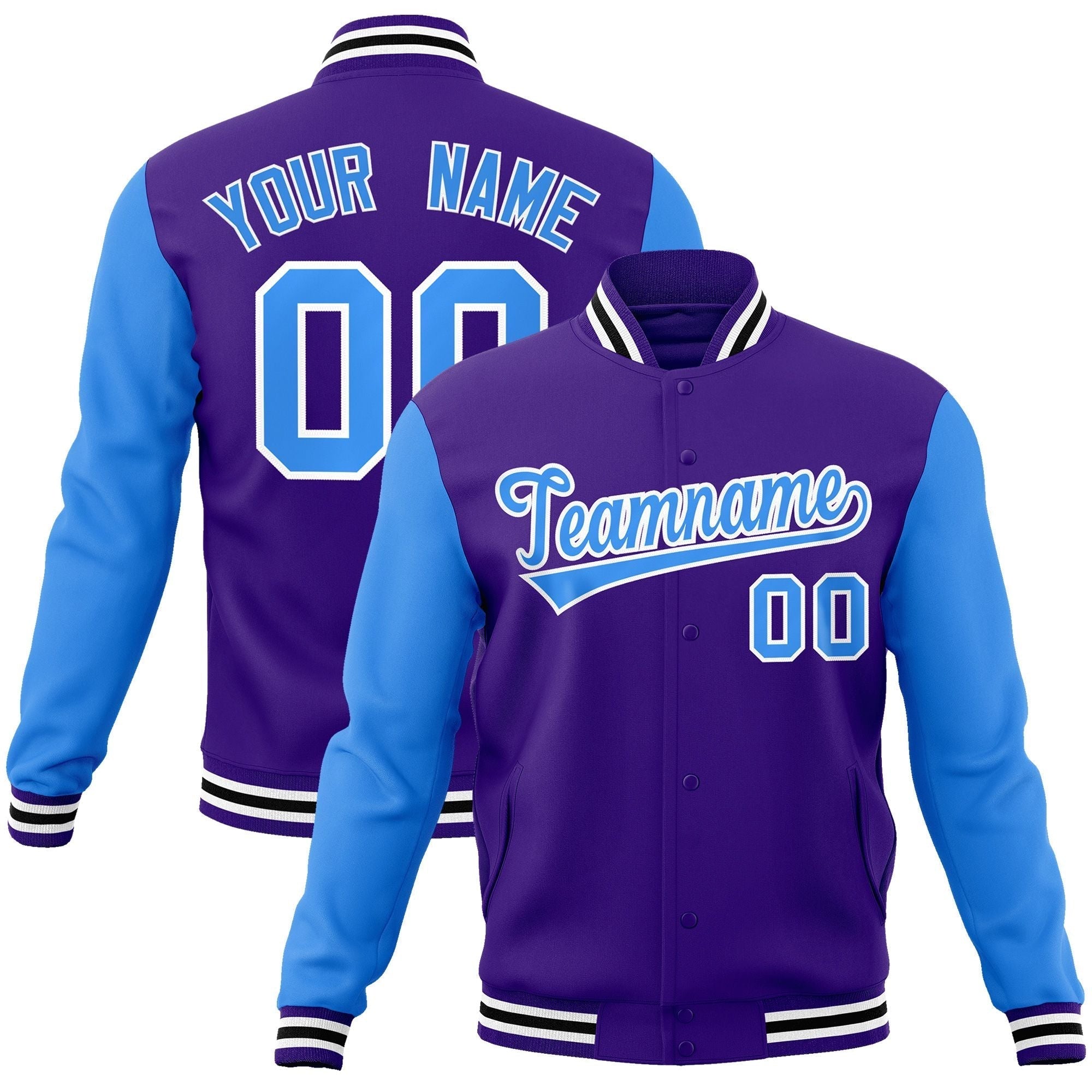 Custom Purple Powder Blue-White Raglan Sleeves Varsity Full-Snap Letterman Jacket | KXKSHOP