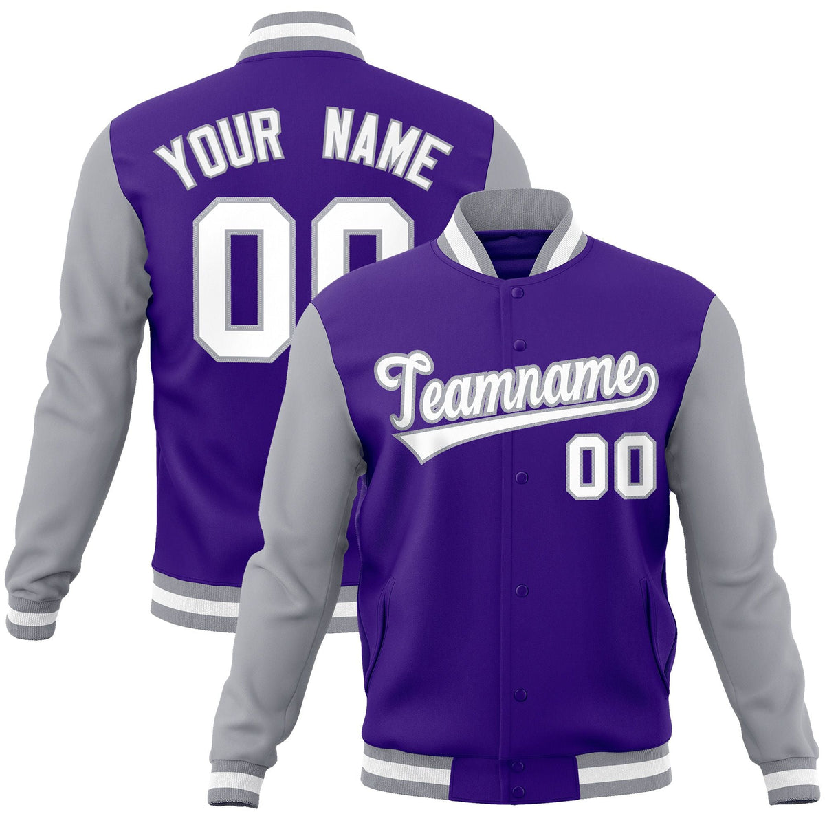 Custom Purple White-Gray Raglan Sleeves Varsity Full-Snap Letterman Jacket | KXKSHOP