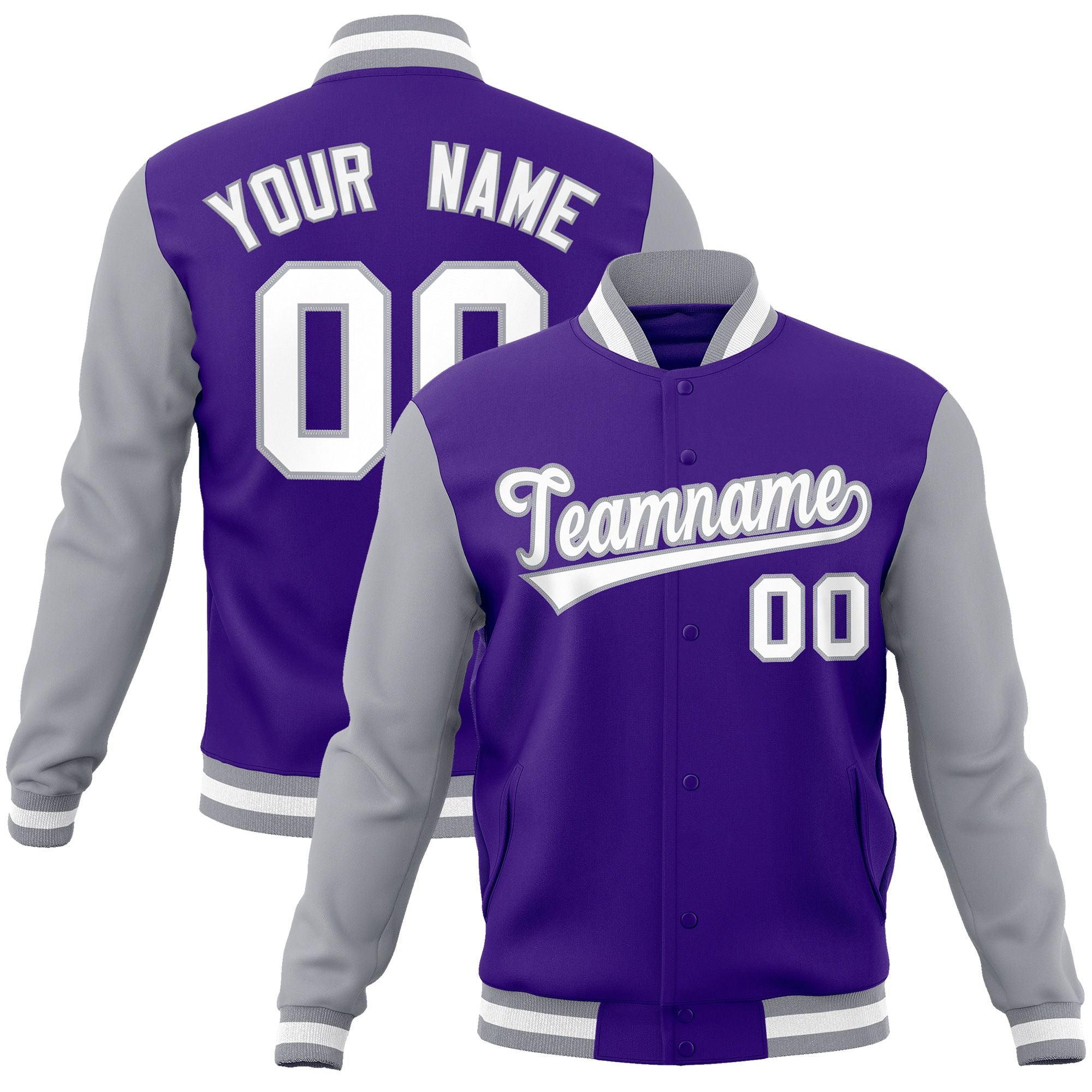 Custom Purple White-Gray Raglan Sleeves Varsity Full-Snap Letterman Jacket | KXKSHOP