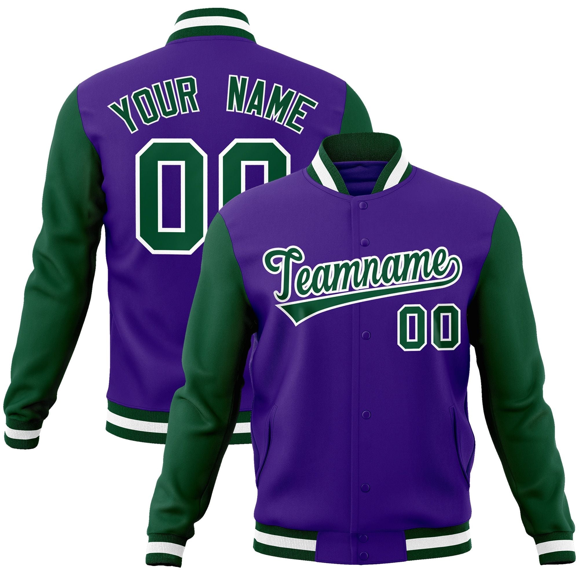 Custom Purple Green-White Raglan Sleeves Varsity Full-Snap Letterman Jacket | KXKSHOP
