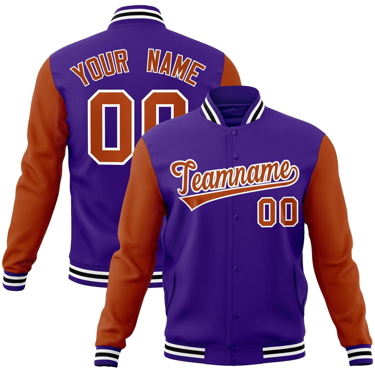 Custom Purple Texas Orange-White Raglan Sleeves Varsity Full-Snap Letterman Jacket | KXKSHOP