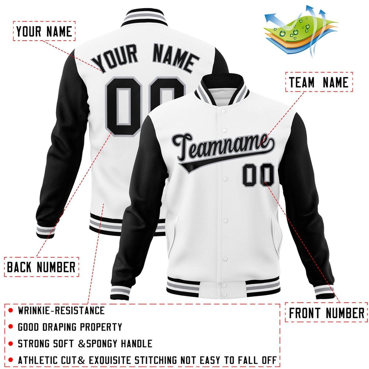 Custom Black White-Black Raglan Sleeves Varsity Full-Snap Letterman Jacket | KXKSHOP