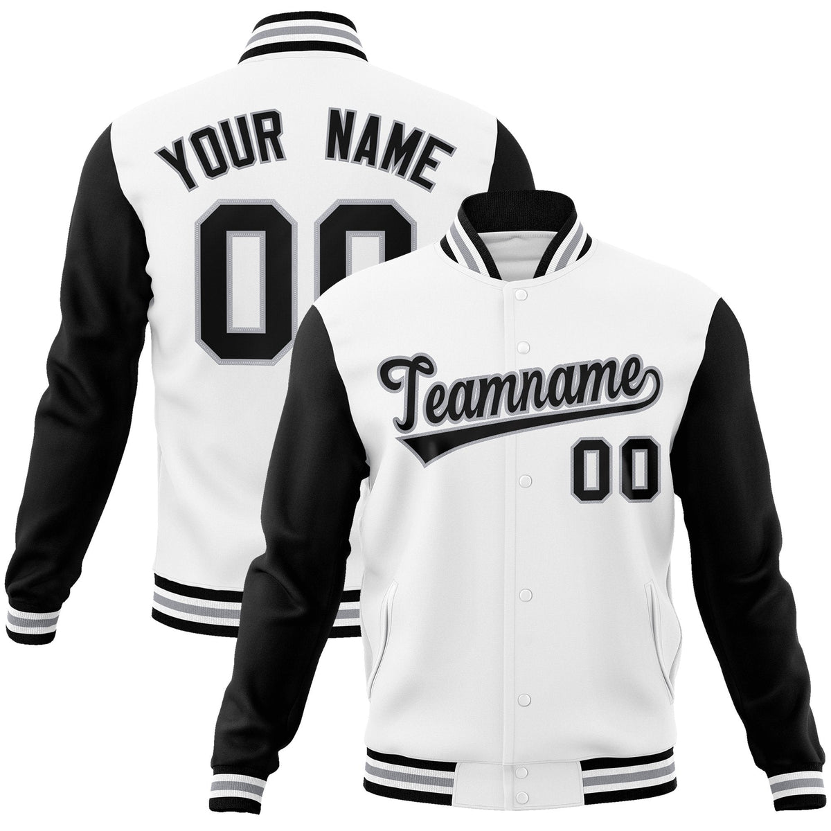 Custom White Black-Gray Raglan Sleeves Varsity Full-Snap Letterman Jacket | KXKSHOP