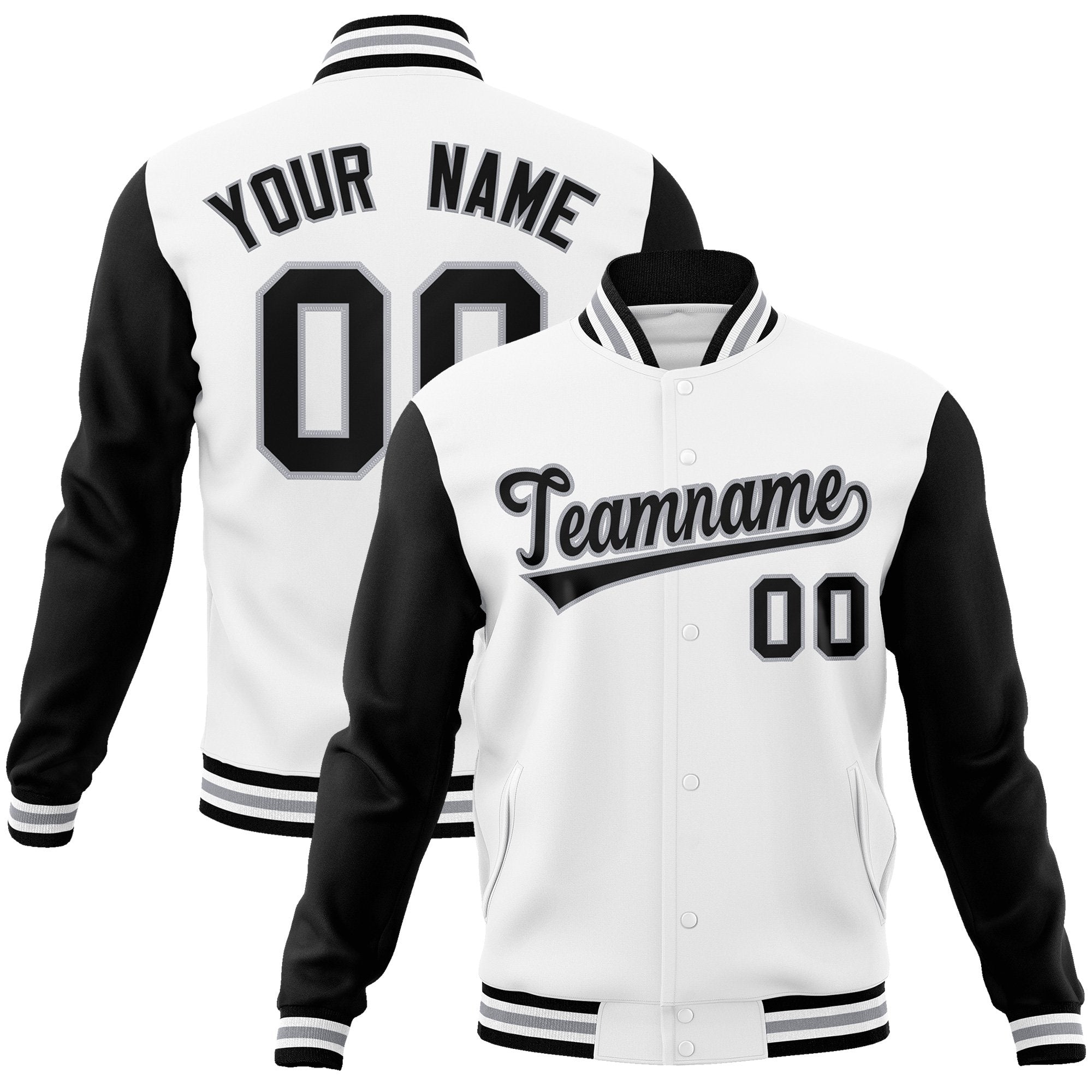Custom White Black-Gray Raglan Sleeves Varsity Full-Snap Letterman Jacket | KXKSHOP