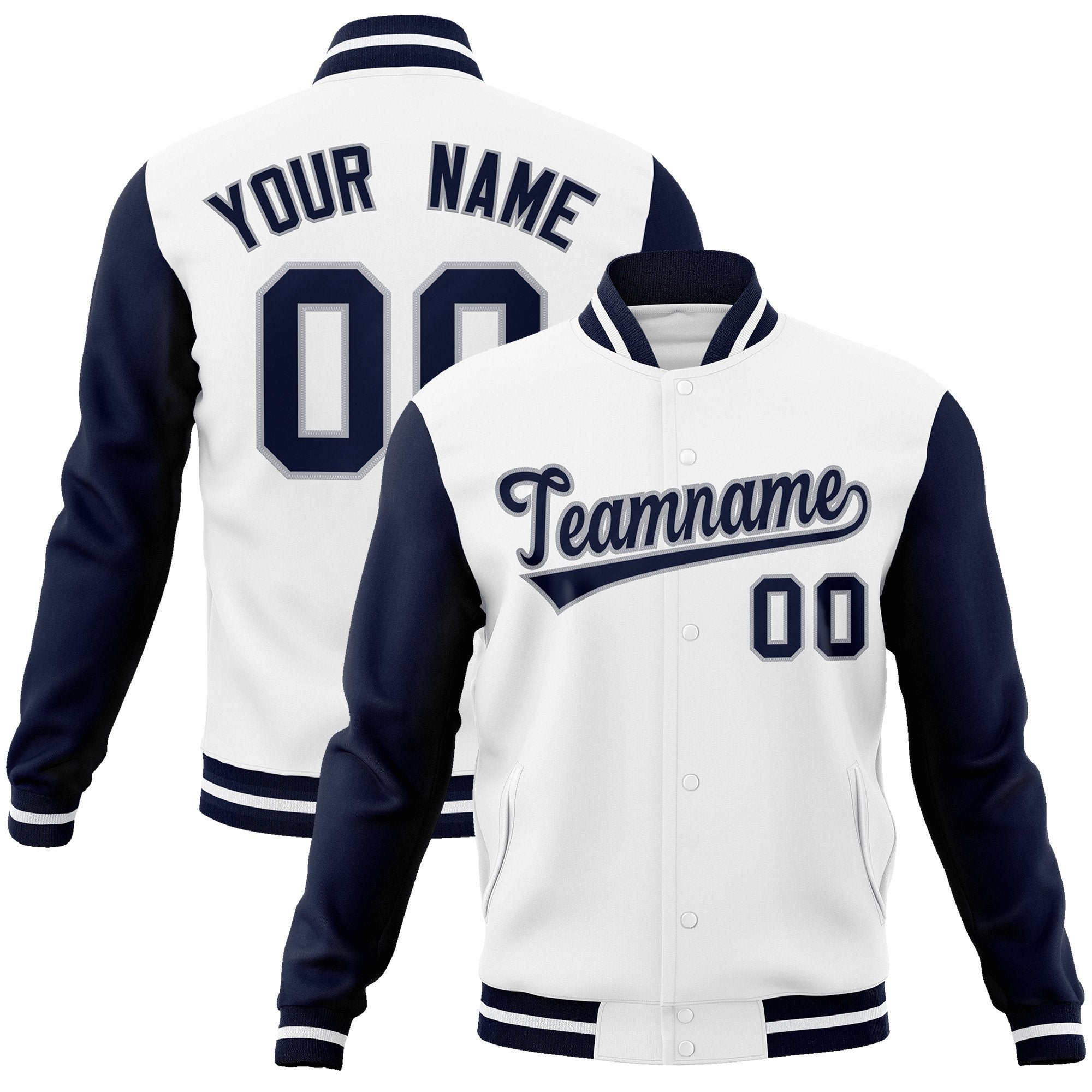 Custom White Navy-Gray Raglan Sleeves Varsity Full-Snap Letterman Jacket | KXKSHOP