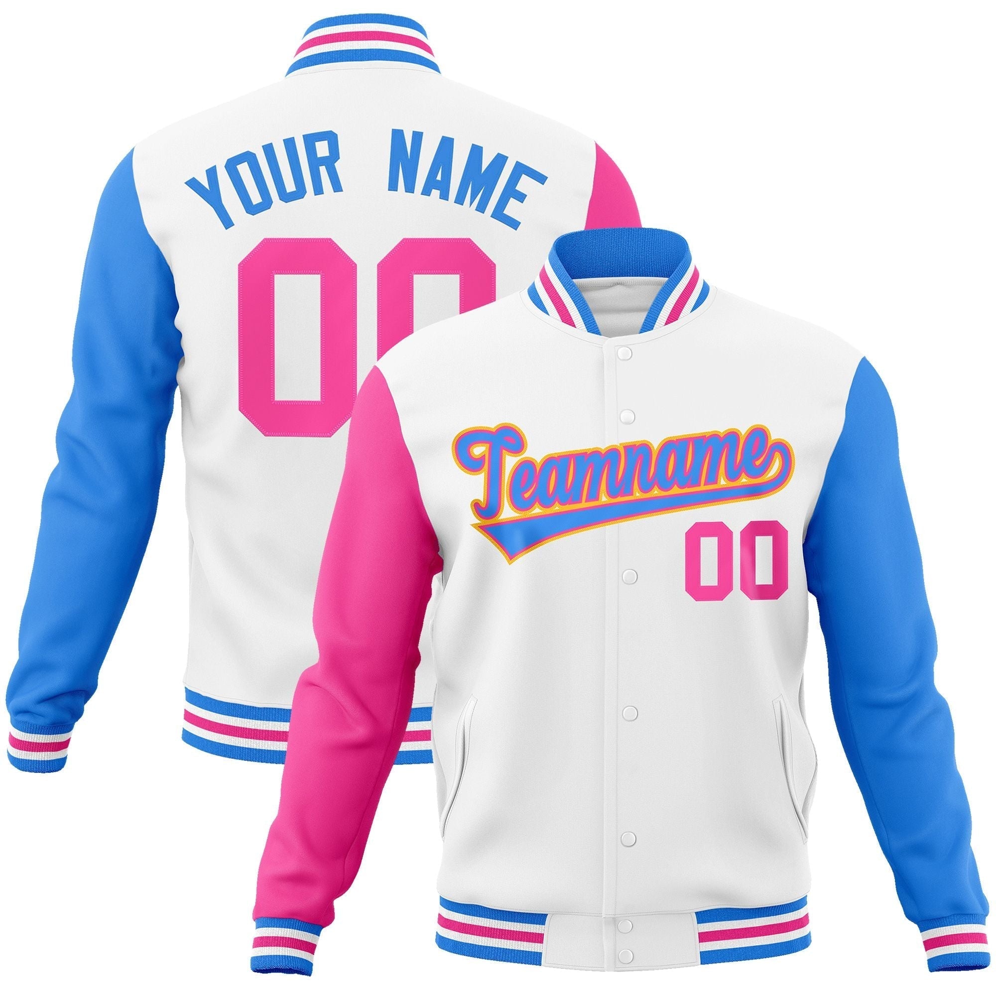 Custom White Powder Blue-Pink Raglan Sleeves Varsity Full-Snap Letterman Jacket | KXKSHOP