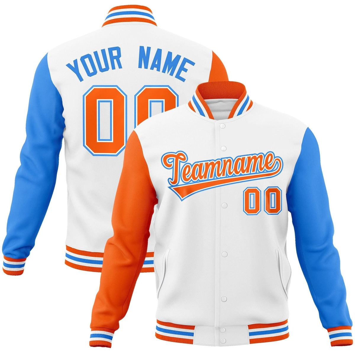 Custom White Orange-White Raglan Sleeves Varsity Full-Snap Letterman Jacket | KXKSHOP