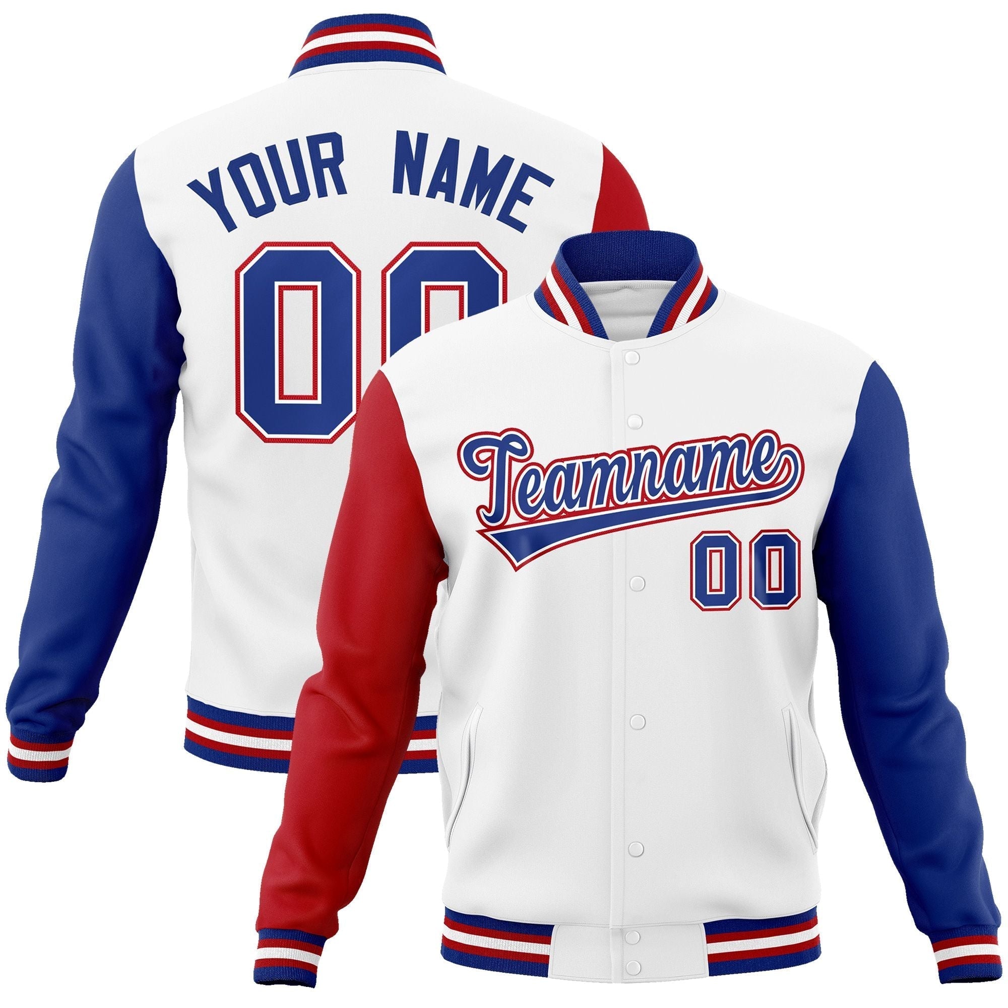 Custom White Royal-White Raglan Sleeves Varsity Full-Snap Letterman Jacket | KXKSHOP