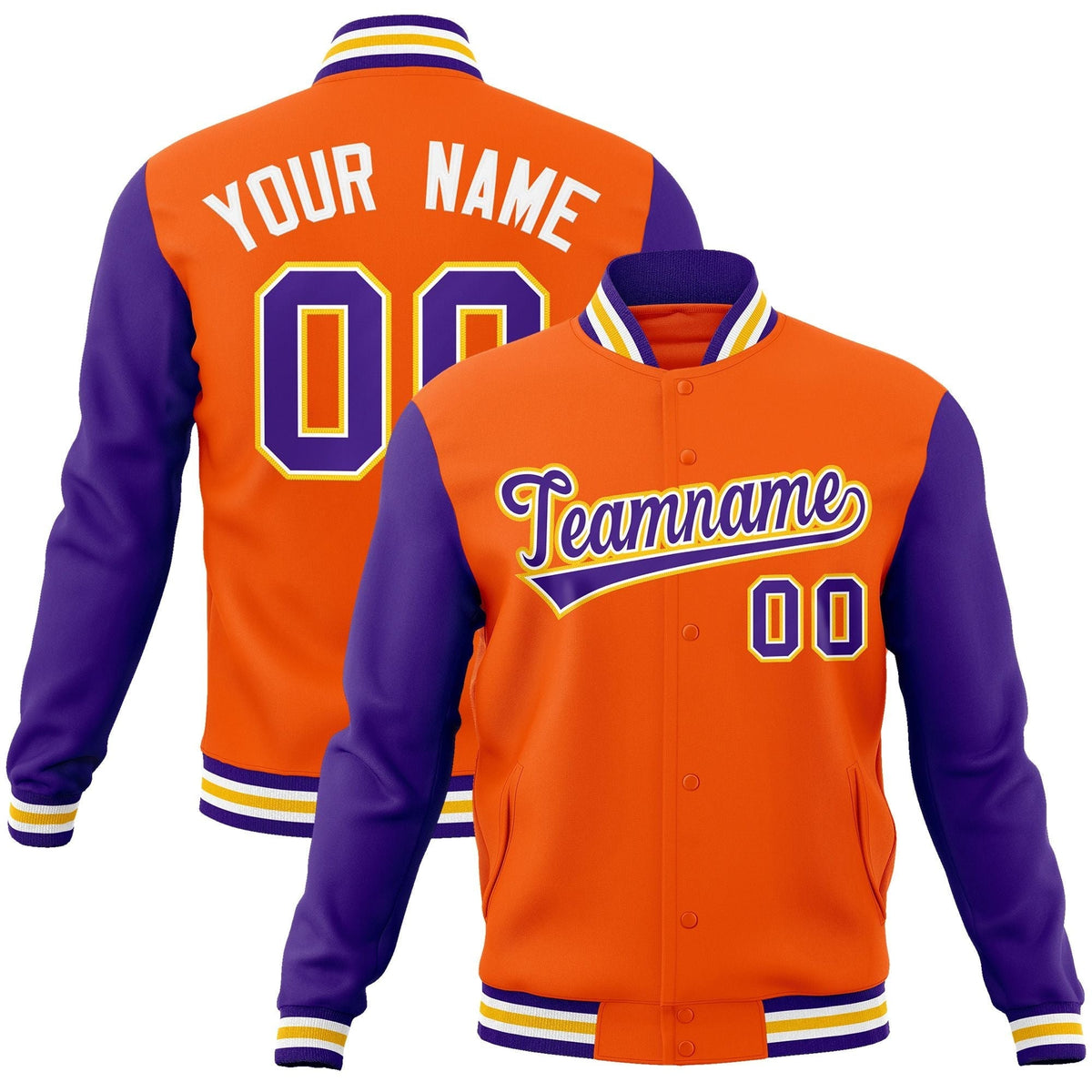 Custom Orange Purple-White Raglan Sleeves Varsity Full-Snap Letterman Jacket | KXKSHOP