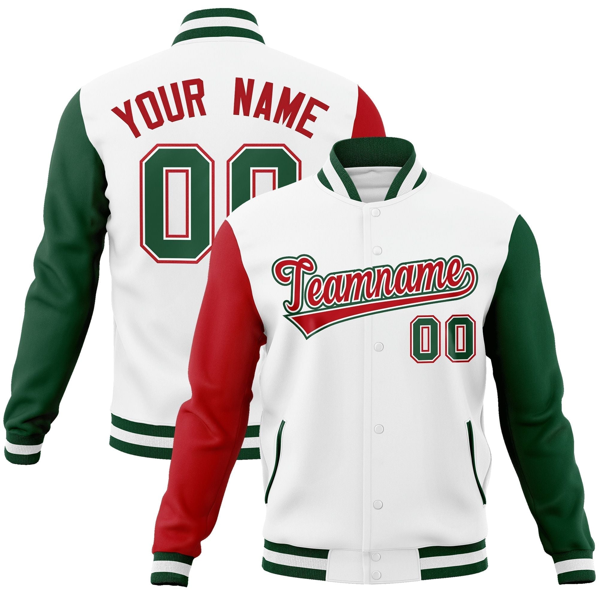 Custom White Red-White Raglan Sleeves Varsity Full-Snap Letterman Jacket | KXKSHOP