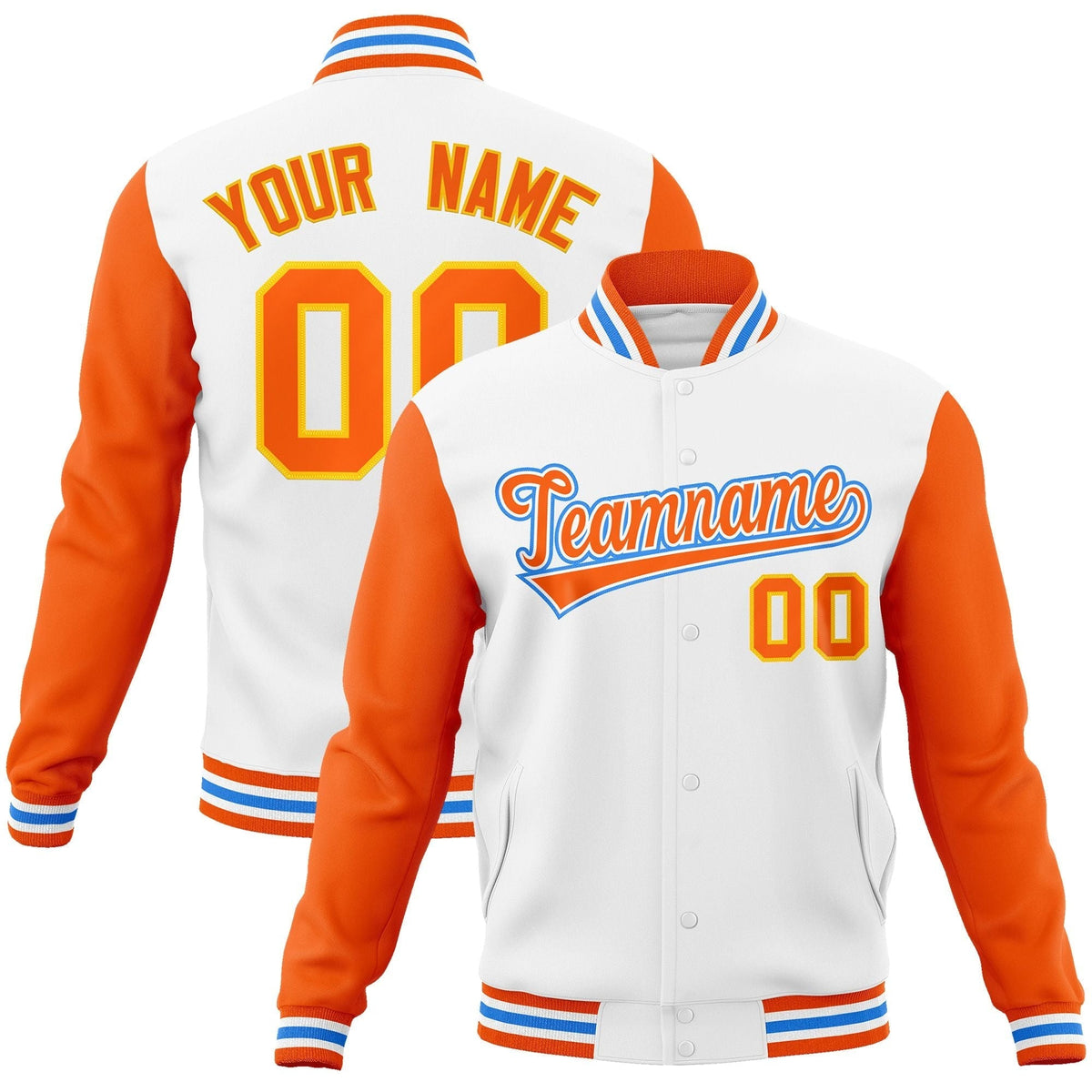 Custom White Orange-White Raglan Sleeves Varsity Full-Snap Letterman Jacket | KXKSHOP