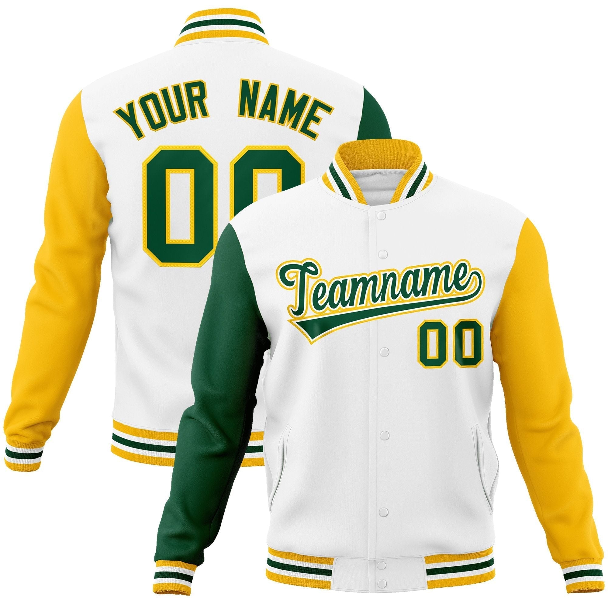 Custom White Green-White Raglan Sleeves Varsity Full-Snap Letterman Jacket | KXKSHOP