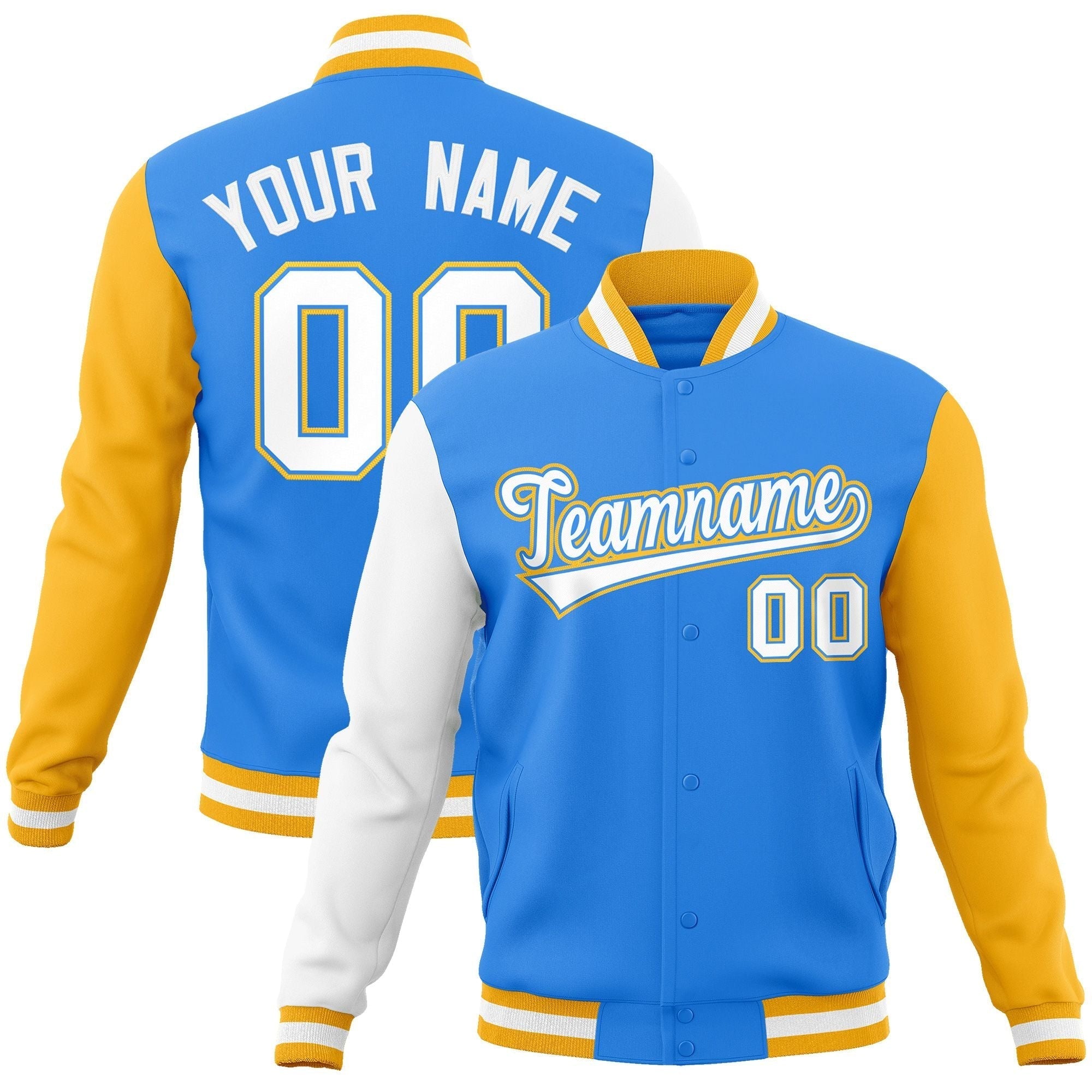 Custom Powder Blue White-Powder Blue Raglan Sleeves Varsity Full-Snap Letterman Jacket | KXKSHOP