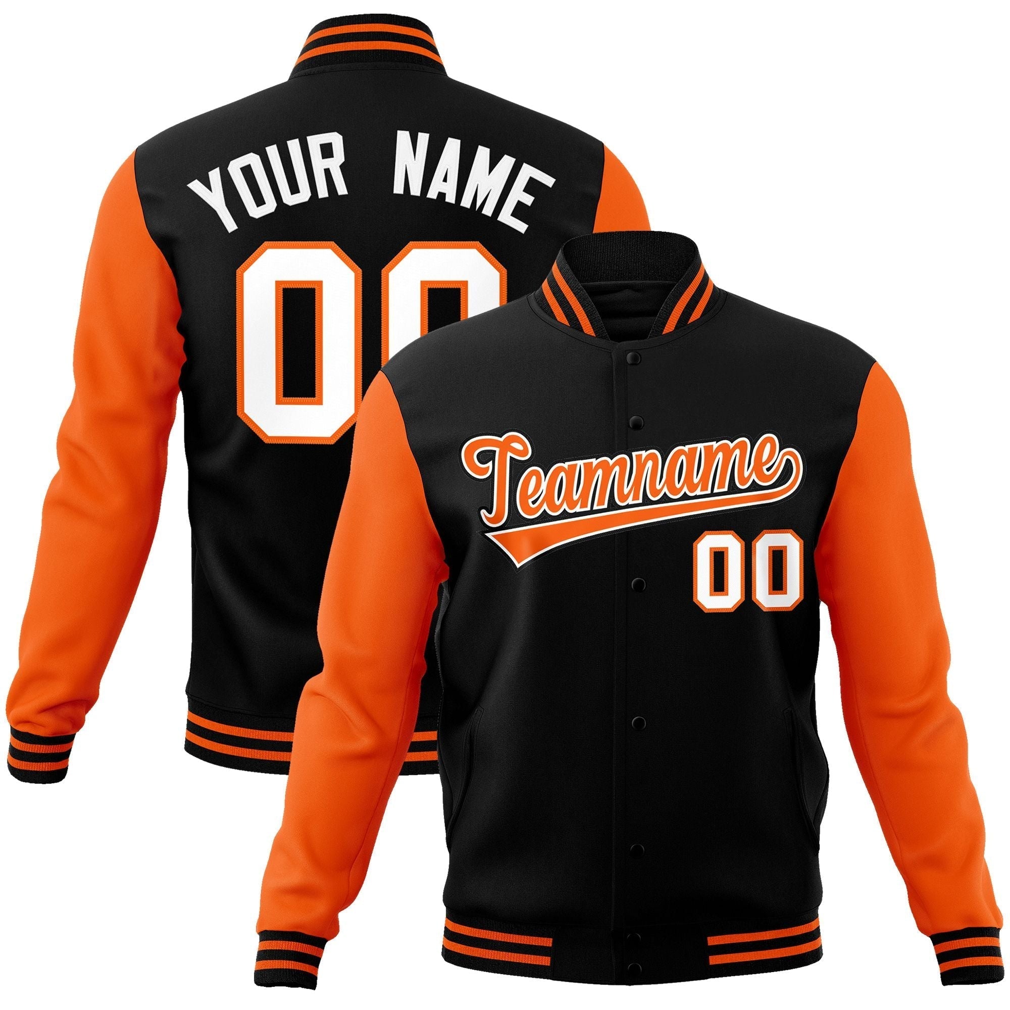 Custom Black Orange-White Raglan Sleeves Varsity Full-Snap Letterman Jacket | KXKSHOP