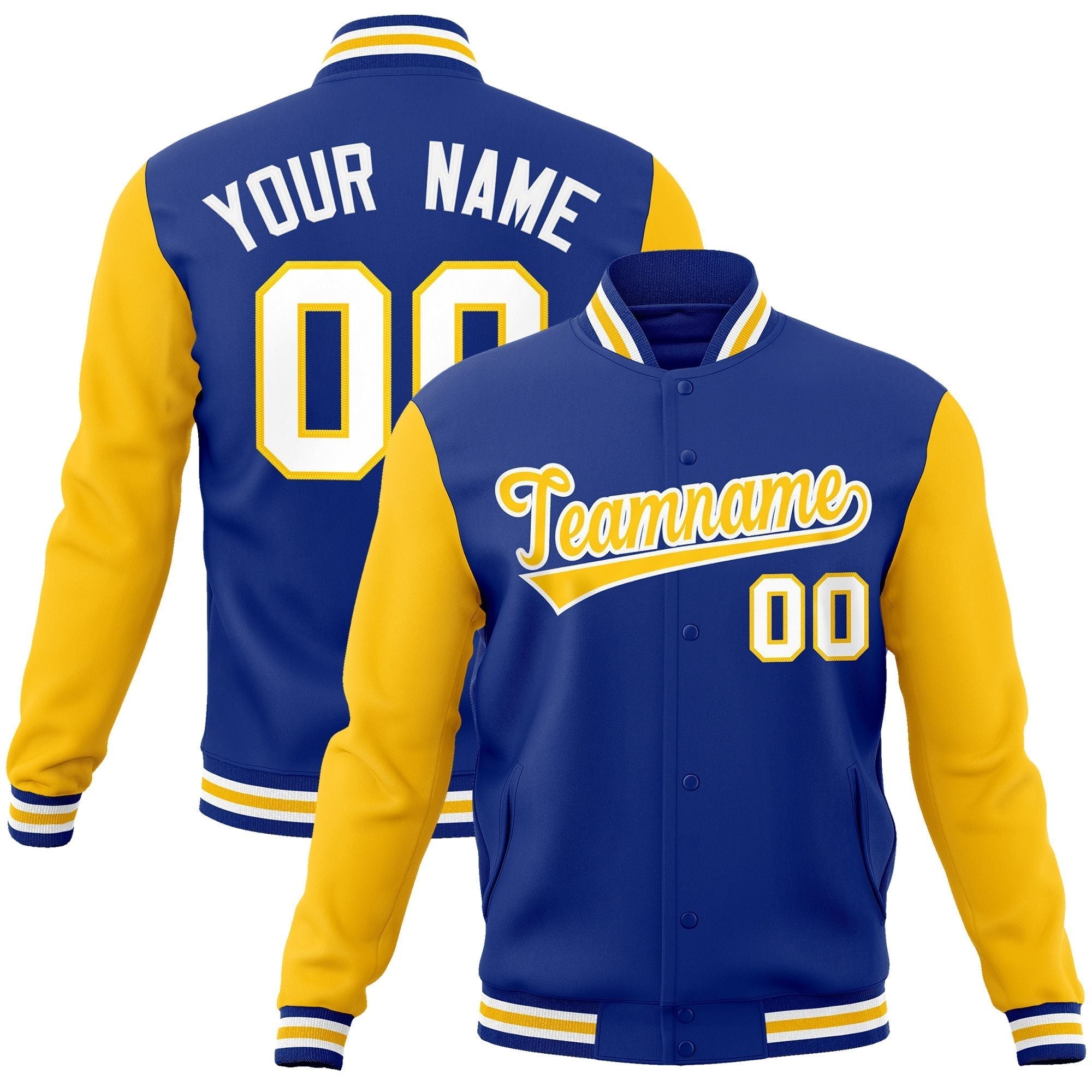 Custom Royal Gold-White Raglan Sleeves Varsity Full-Snap Letterman Jacket | KXKSHOP