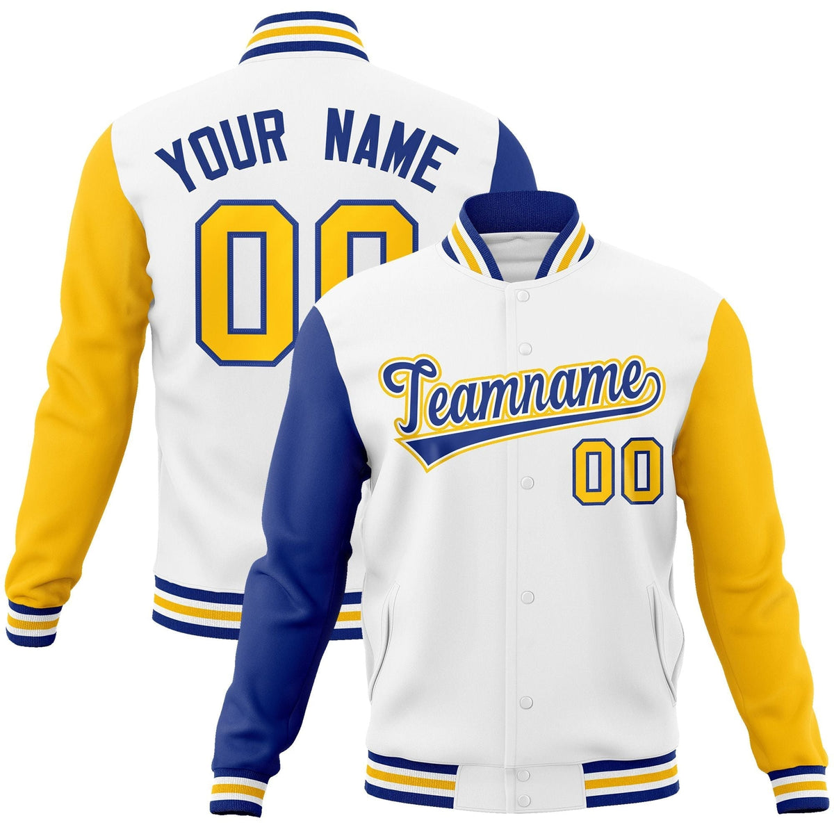 Custom White Royal-White Raglan Sleeves Varsity Full-Snap Letterman Jacket | KXKSHOP