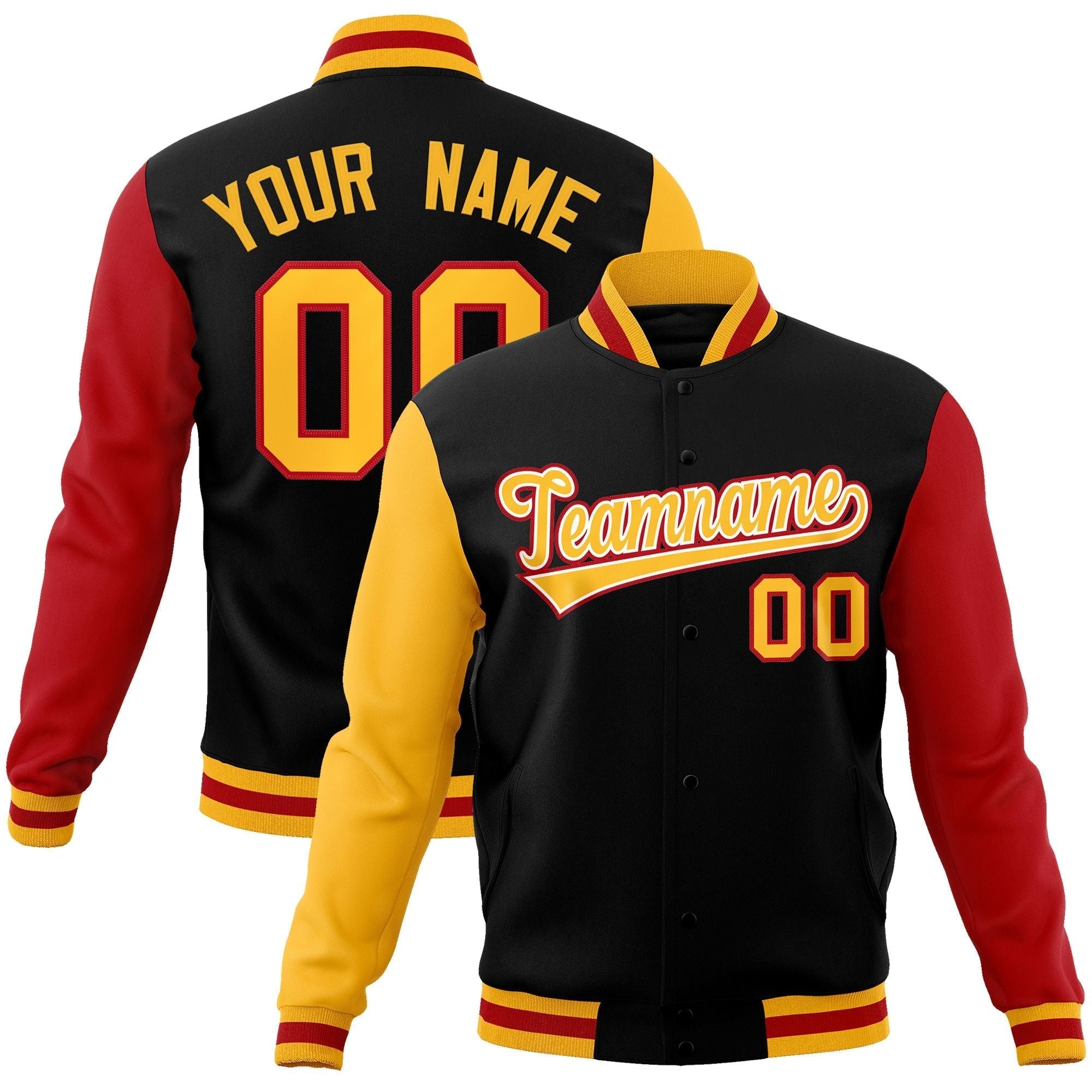 Custom Black Gold-White Raglan Sleeves Varsity Full-Snap Letterman Jacket | KXKSHOP