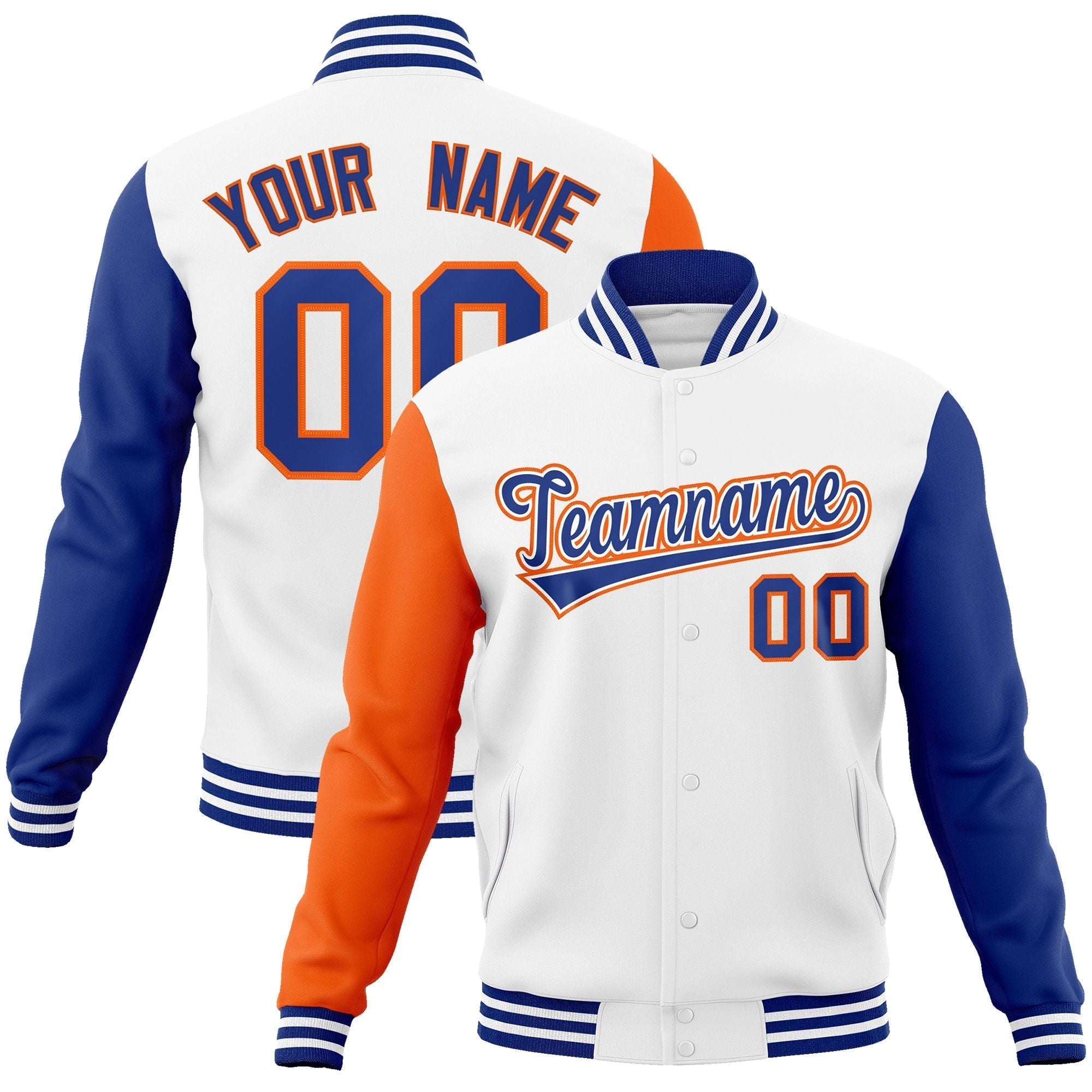 Custom White Royal-White Raglan Sleeves Varsity Full-Snap Letterman Jacket | KXKSHOP