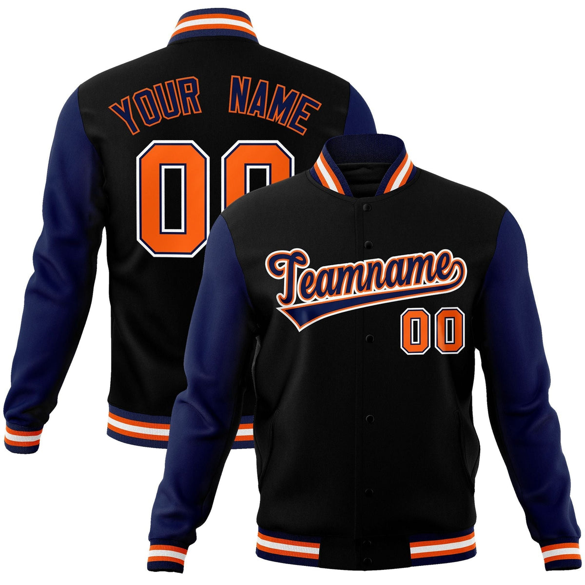 Custom Black Navy-Orange Raglan Sleeves Varsity Full-Snap Letterman Jacket | KXKSHOP