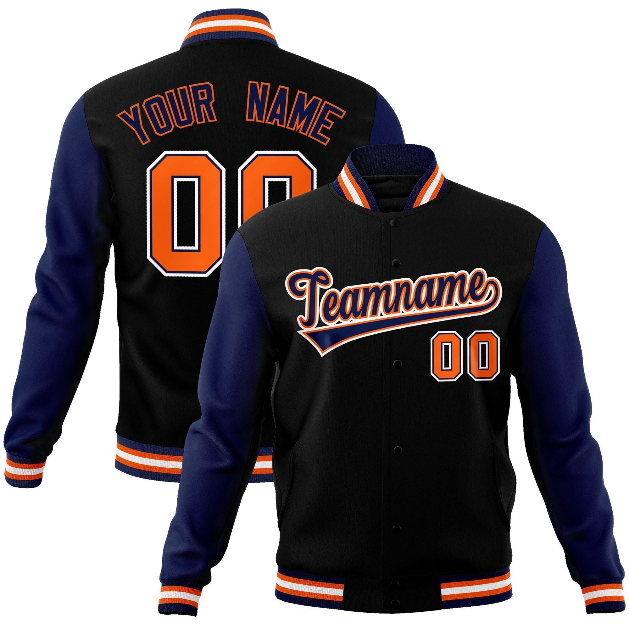 Custom Black Navy-Orange Raglan Sleeves Varsity Full-Snap Letterman Jacket | KXKSHOP