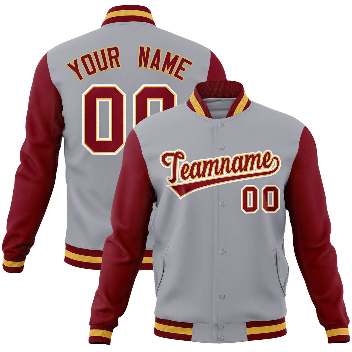 Custom Gray Crimson-Khaki Raglan Sleeves Varsity Full-Snap Letterman Jacket | KXKSHOP