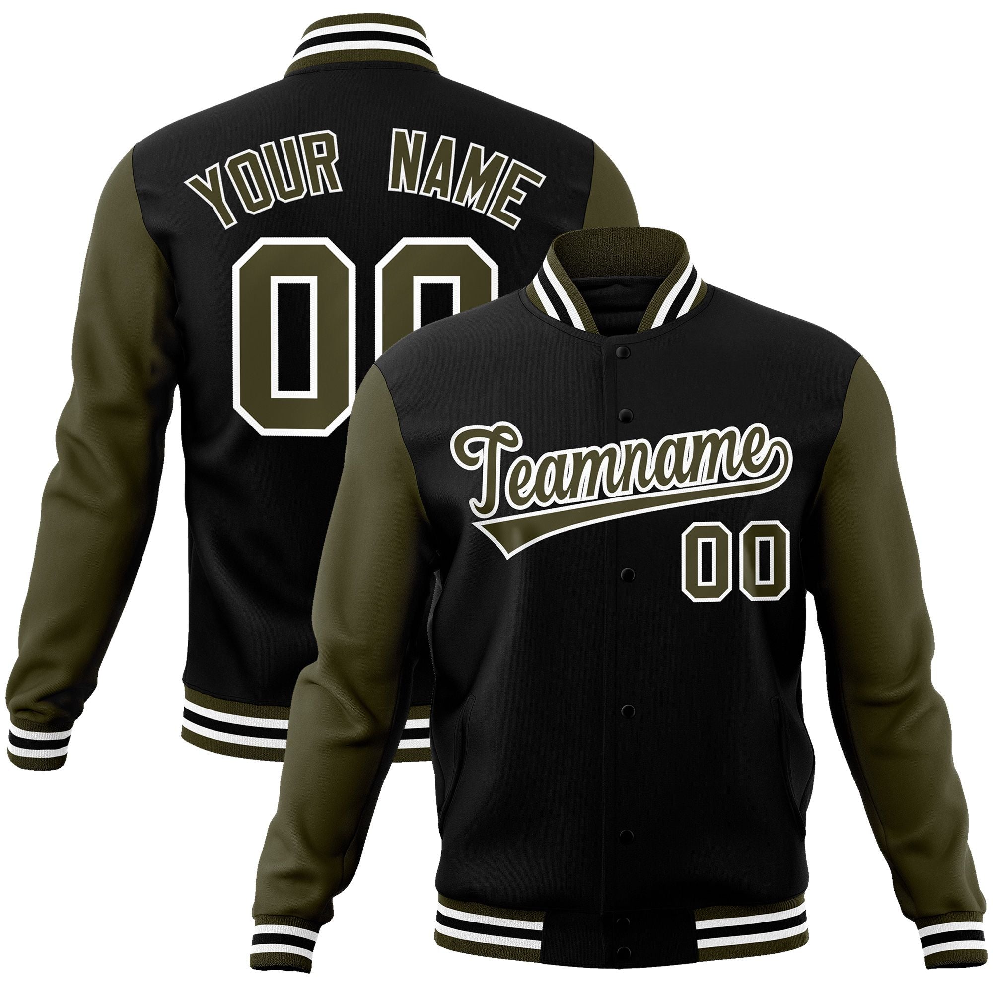 Custom Black Olive-White Raglan Sleeves Varsity Full-Snap Letterman Jacket | KXKSHOP