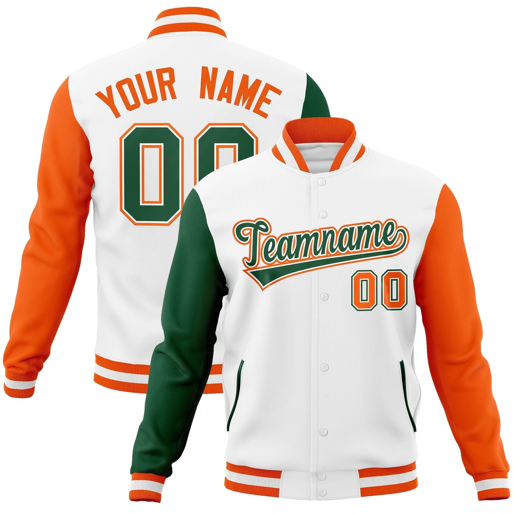 Custom White Green-White Raglan Sleeves Varsity Full-Snap Letterman Jacket | KXKSHOP