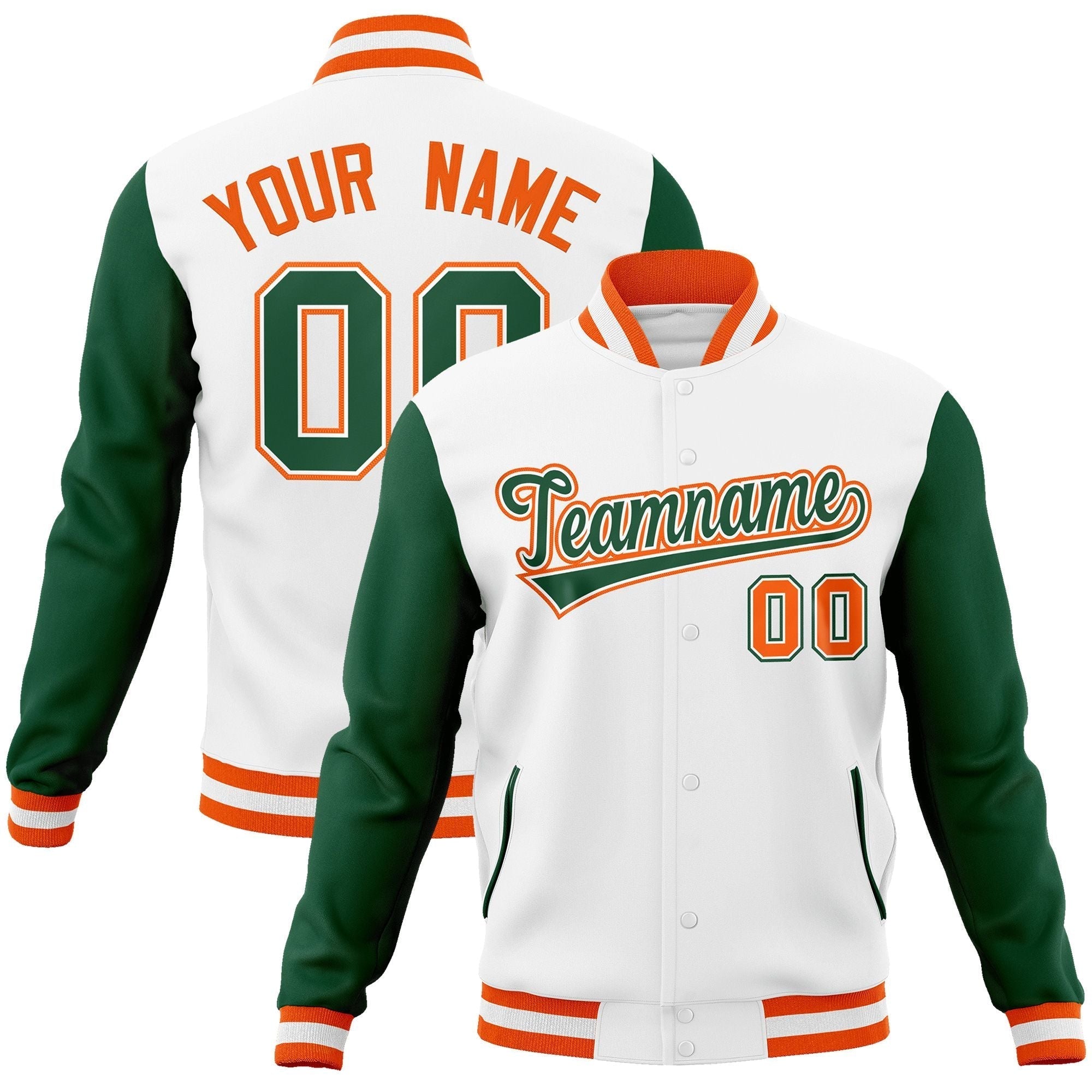 Custom White Green-White Raglan Sleeves Varsity Full-Snap Letterman Jacket | KXKSHOP