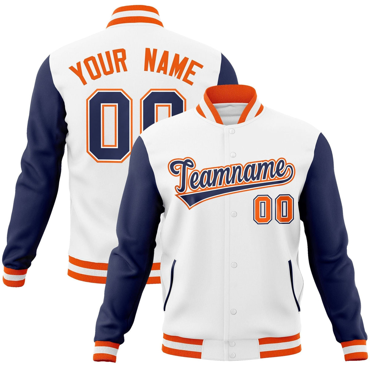 Custom White Navy-White Raglan Sleeves Varsity Full-Snap Letterman Jacket | KXKSHOP