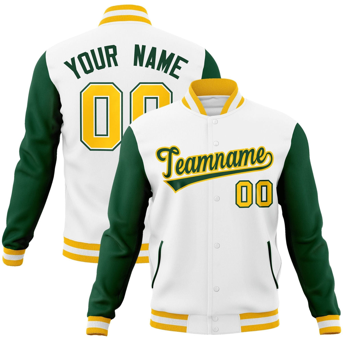 Custom White Green-Gold Raglan Sleeves Varsity Full-Snap Letterman Jacket | KXKSHOP