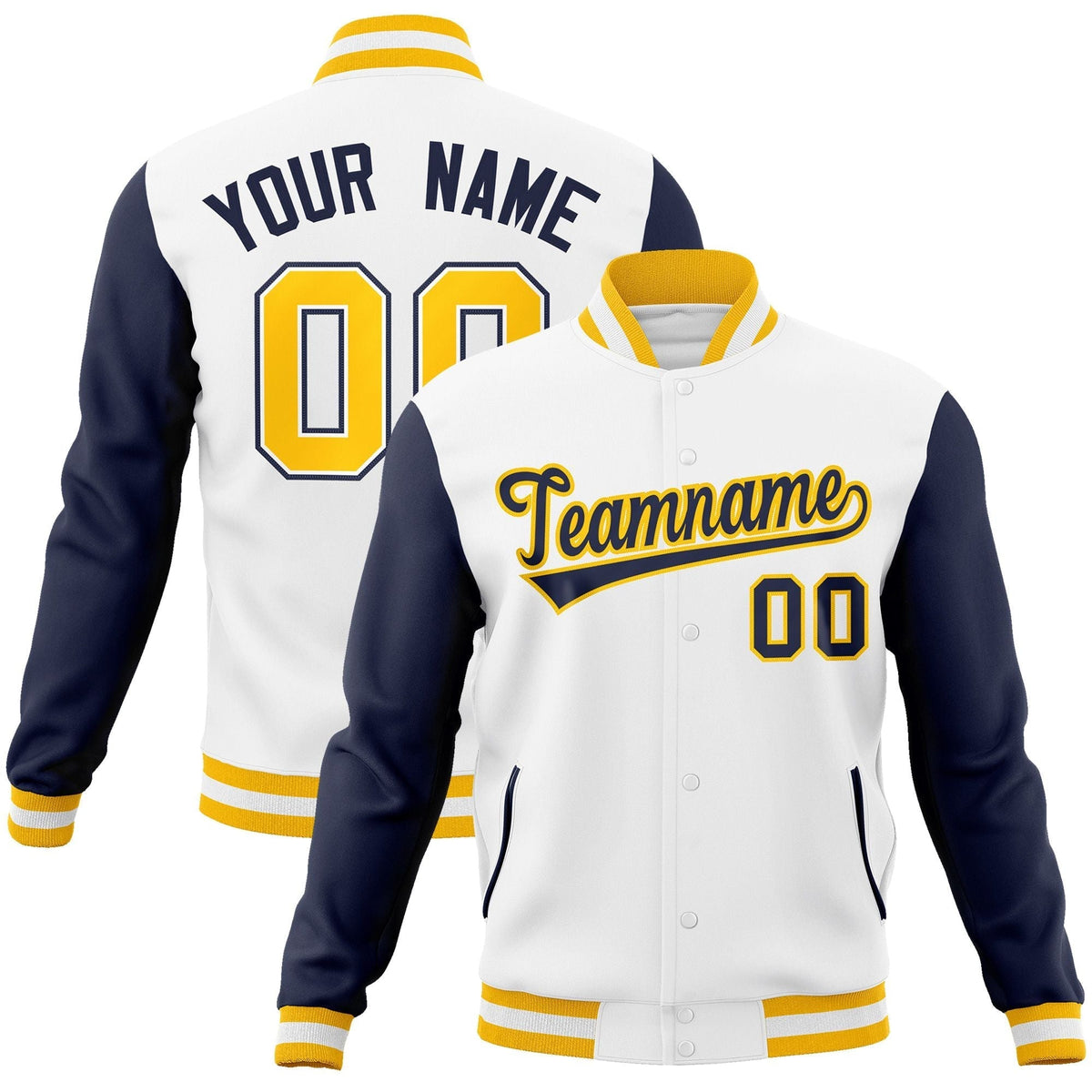 Custom White Navy-Gold Raglan Sleeves Varsity Full-Snap Letterman Jacket | KXKSHOP