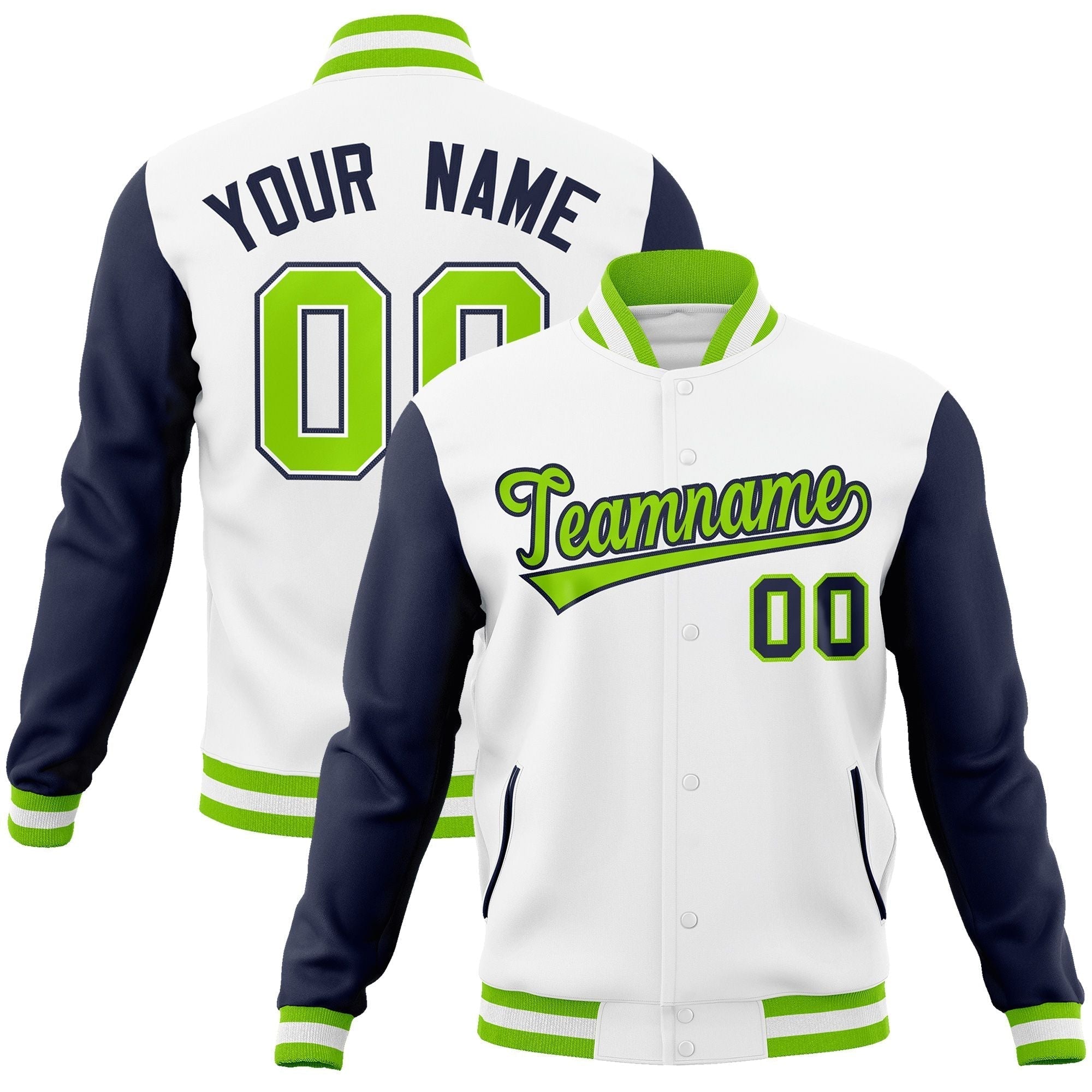 Custom White Neon Green-Navy Raglan Sleeves Varsity Full-Snap Letterman Jacket | KXKSHOP