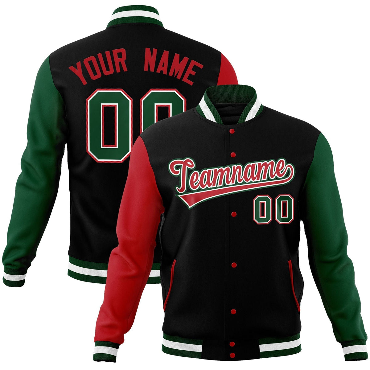 Custom Black Red-White Raglan Sleeves Varsity Full-Snap Letterman Jacket | KXKSHOP