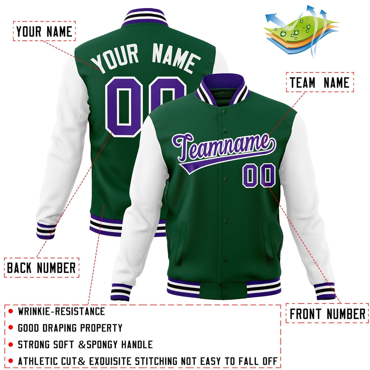 Custom Green Purple-White Raglan Sleeves Varsity Full-Snap Letterman Jacket | KXKSHOP