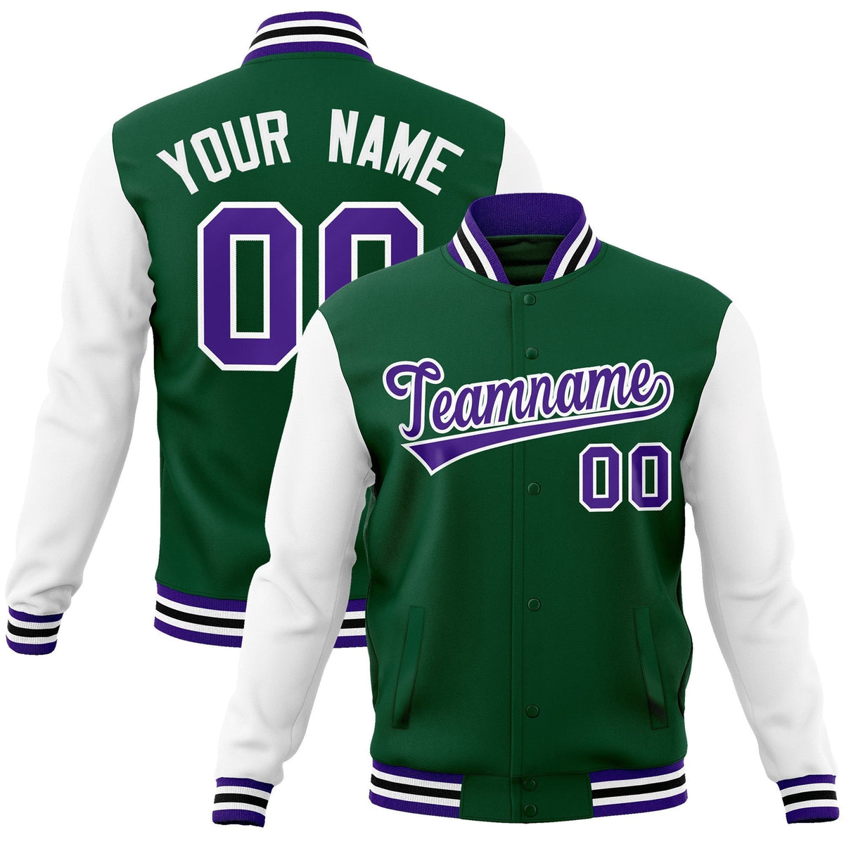 Custom Green Purple-White Raglan Sleeves Varsity Full-Snap Letterman Jacket | KXKSHOP