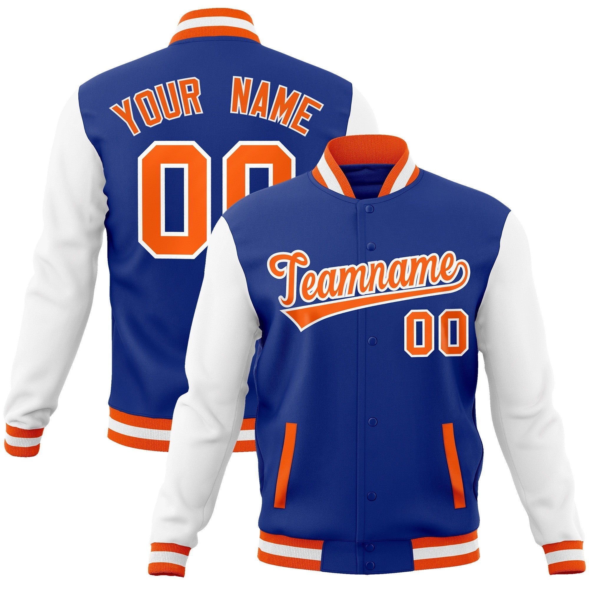 Custom Royal Orange-White Raglan Sleeves Varsity Full-Snap Letterman Jacket | KXKSHOP