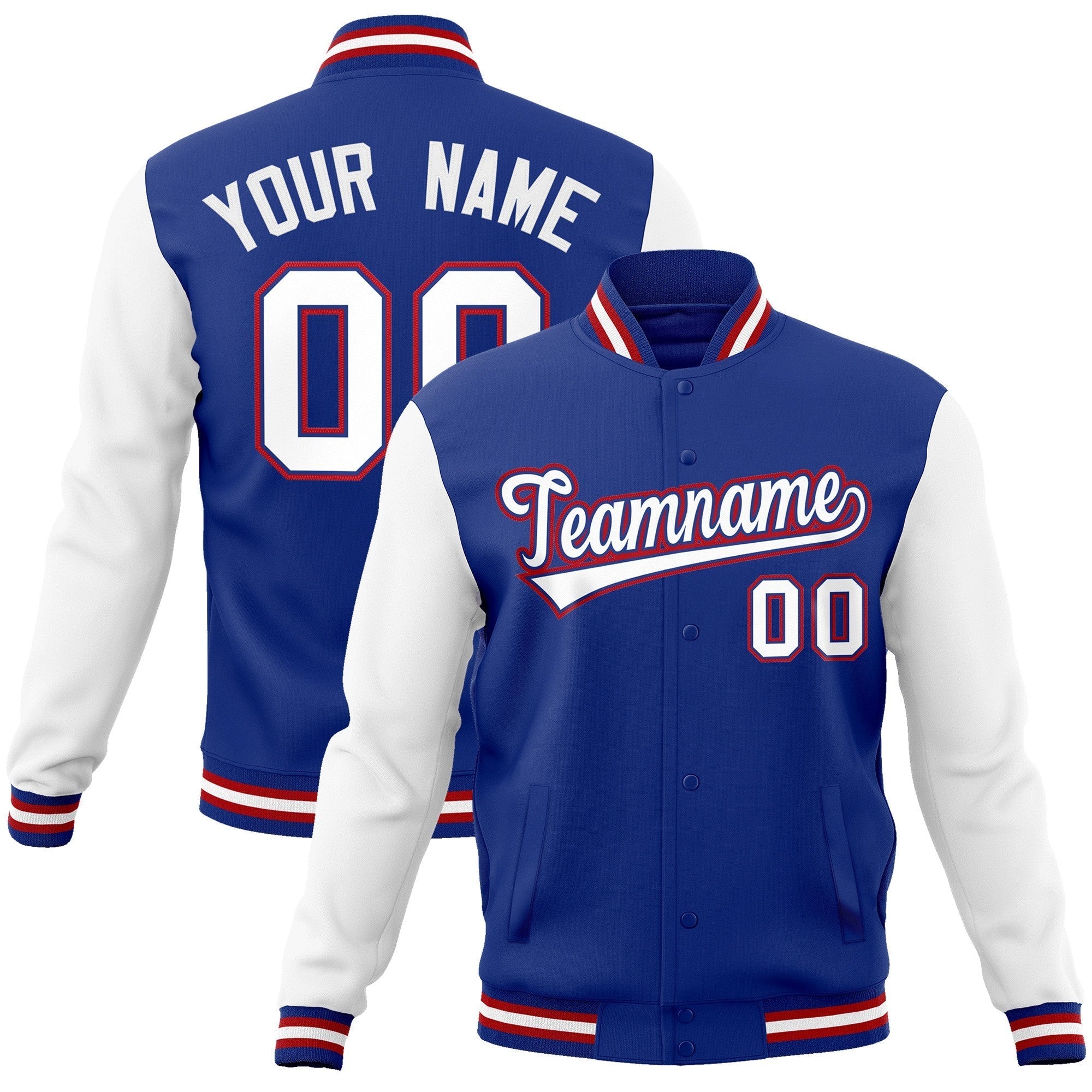 Custom Royal White-Royal Raglan Sleeves Varsity Full-Snap Letterman Jacket | KXKSHOP