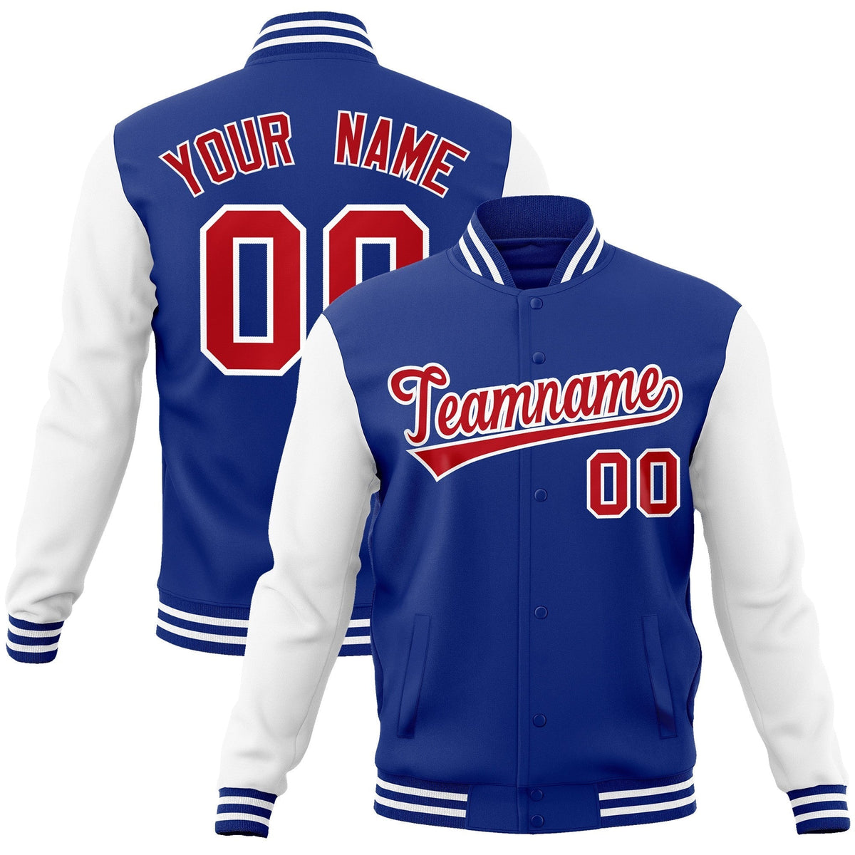 Custom Royal Red-White Raglan Sleeves Varsity Full-Snap Letterman Jacket | KXKSHOP