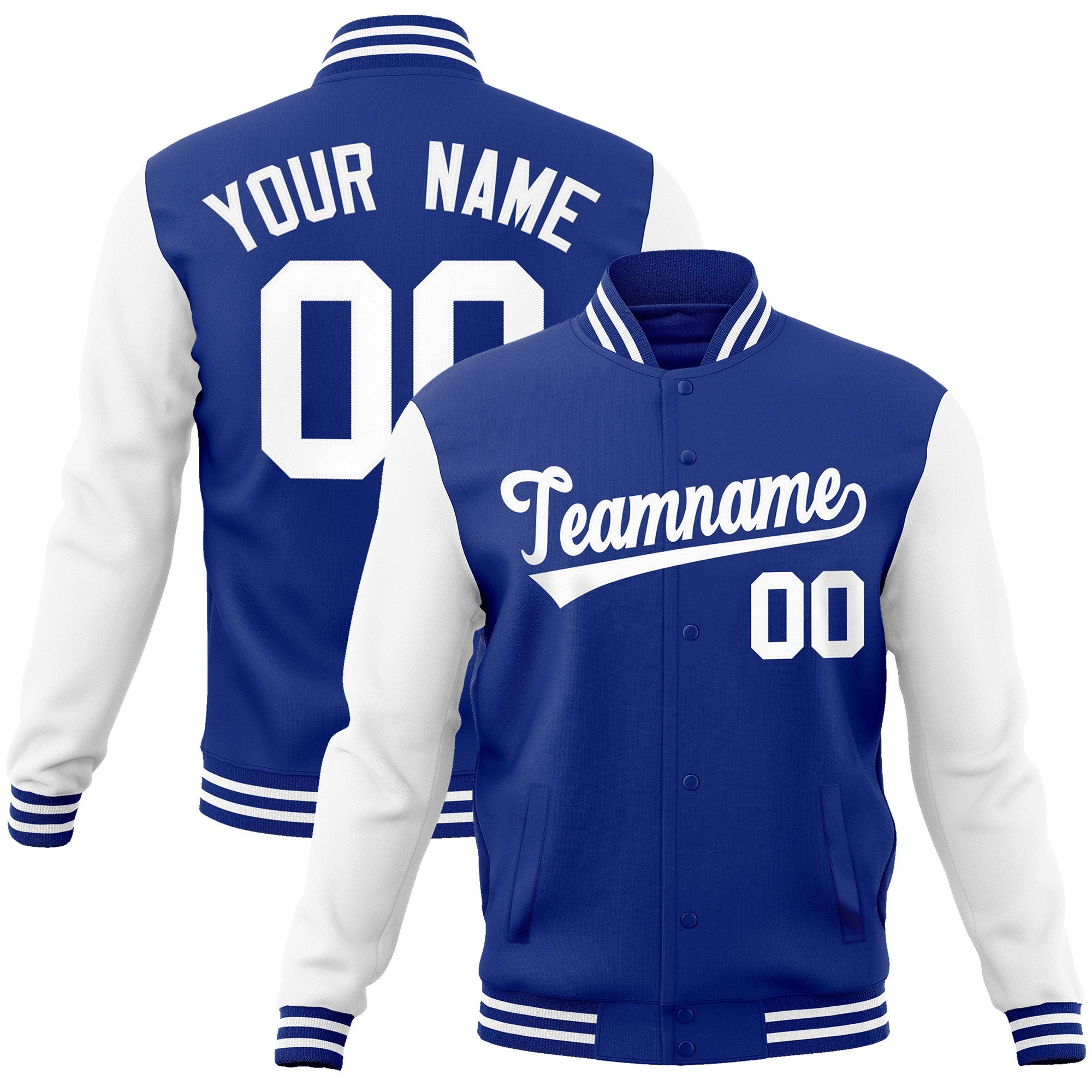 Custom Royal White Raglan Sleeves Varsity Full-Snap Letterman Jacket | KXKSHOP