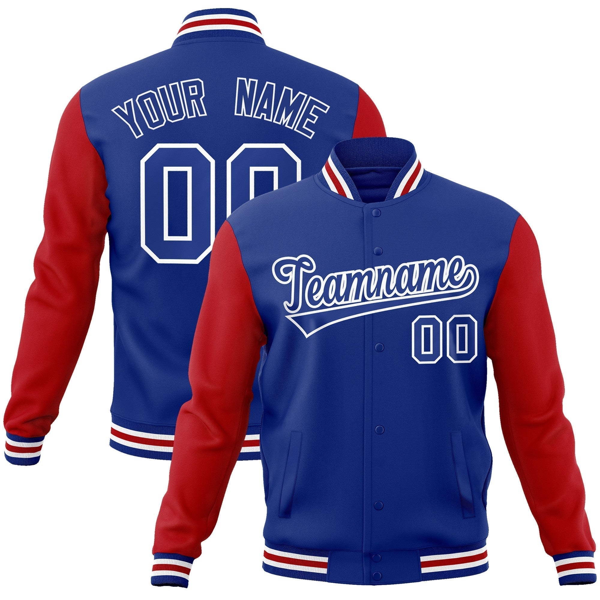 Custom Royal Royal-White Raglan Sleeves Varsity Full-Snap Letterman Jacket | KXKSHOP