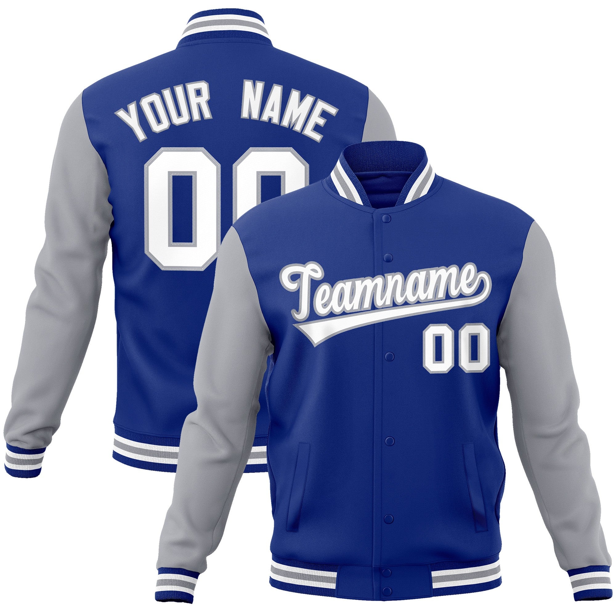 Custom Royal White-Gray Raglan Sleeves Varsity Full-Snap Letterman Jacket | KXKSHOP