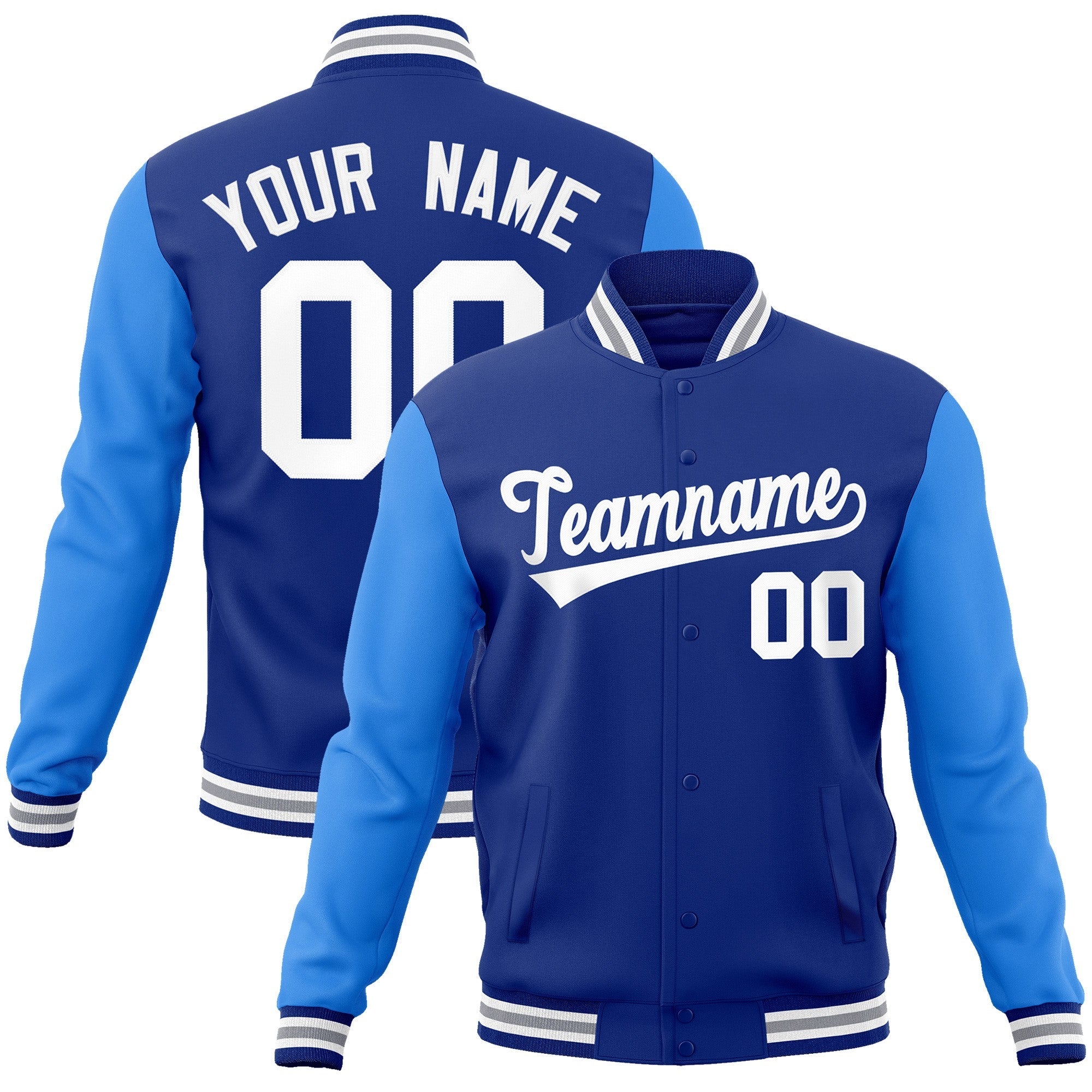Custom Royal White Raglan Sleeves Varsity Full-Snap Letterman Jacket | KXKSHOP